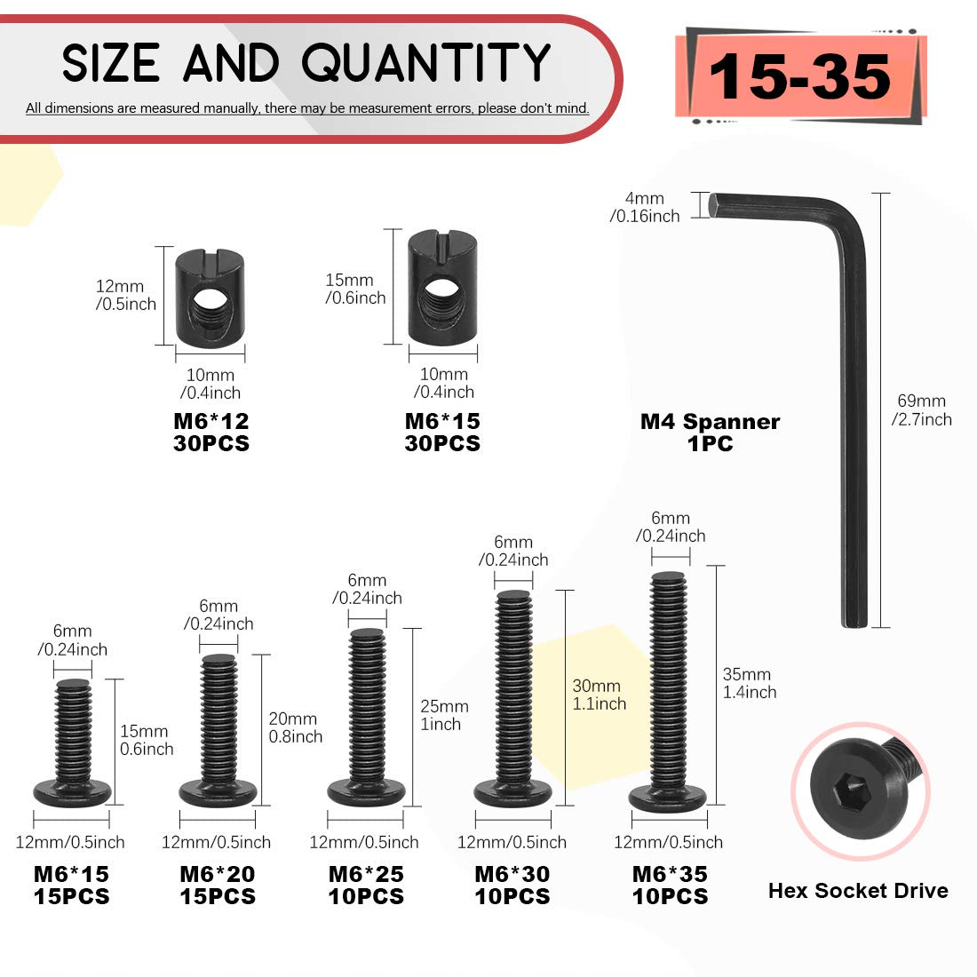 Hilitchi M6 120Pcs Black Hex Socket Head Screws Bolts Barrel Nuts Hardware Assortment Kit for Crib Baby Bed Furniture Cots and Chairs (15Mm/20Mm/25Mm/30Mm/35Mm-Assortment Kit)