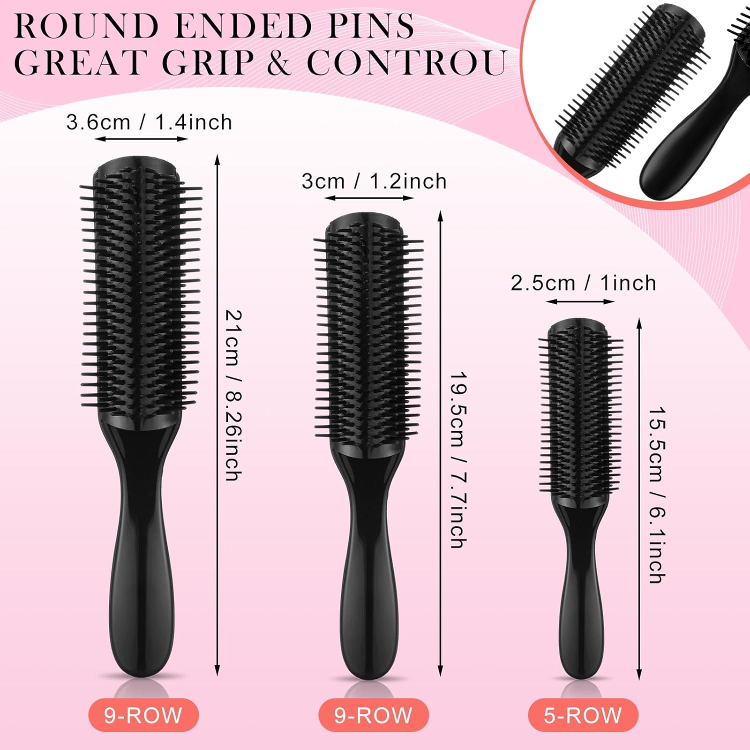 Patelai 3 Sizes 9-Row and 5-Row Cushion Nylon Hair Brush for Natural Hair, Travel Detangling Brush Comb for Women Men Volumizing Shaping Separating Defining Curls Hair Salon (Black) image number 2