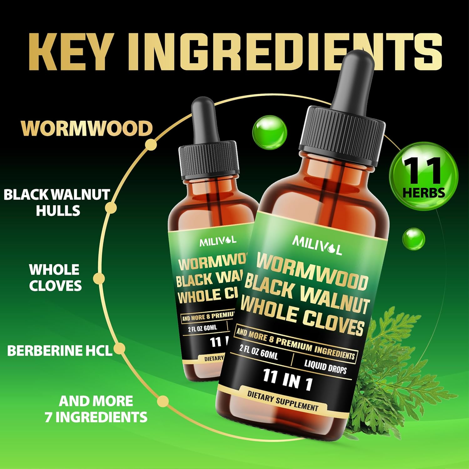 MILIVOL Wormwood Liquid Drops - Wormwood Extract Tincture with Black Walnut, Whole Cloves & 8 More Herbs - 2 Fl Oz for 60 Days Supply image number 3