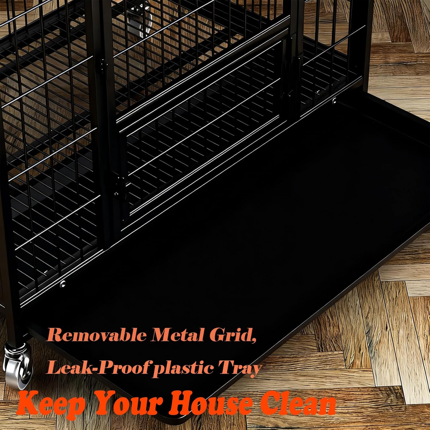 Dog Crate with Removable Tray, Large Dog Cage with Wheels, Double Door Kennel Black 77 * 51 * 71Cm image number 6