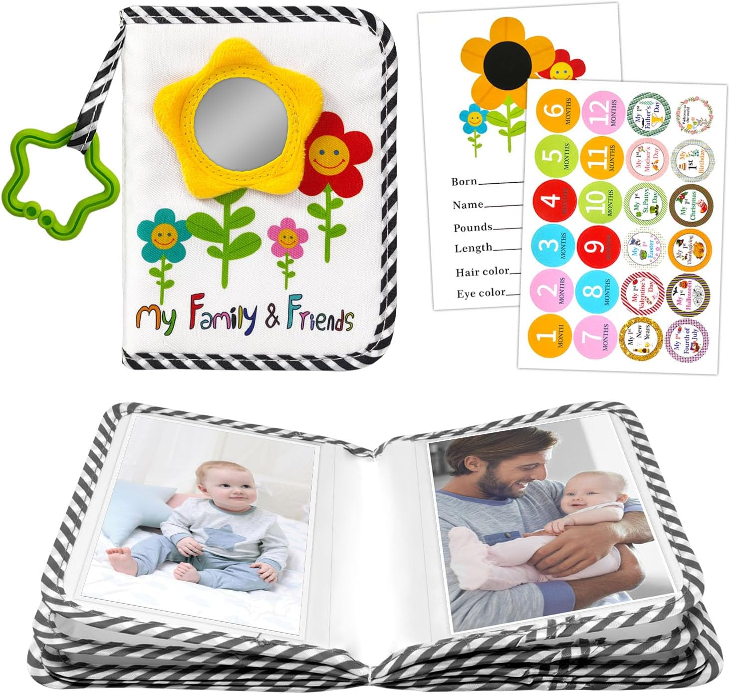 BOHEMIABY Baby Photo Album, My First Soft Photo Book Accommodates 4X6 Photos, Photo Albums with Milestones, Safety Mirror First Birthday (Blue Palms)