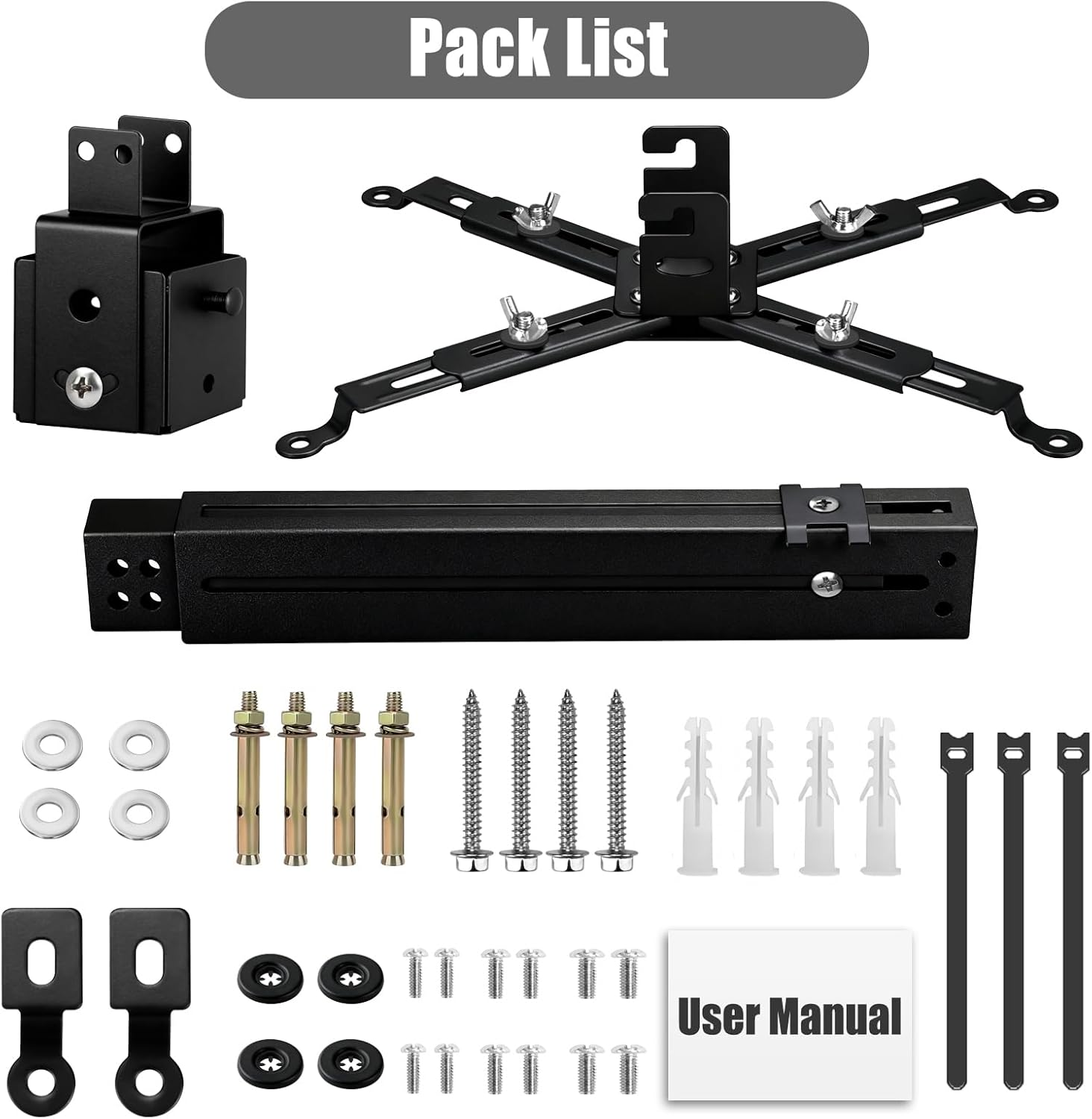 2-Be-Best Projector Ceiling Mount Wide Pipe Universal 3-In-1 Projector Wall Mount Bracket with Adjustable Arm, Flush Mount Option, Built-In Cable Management for Office Home Black