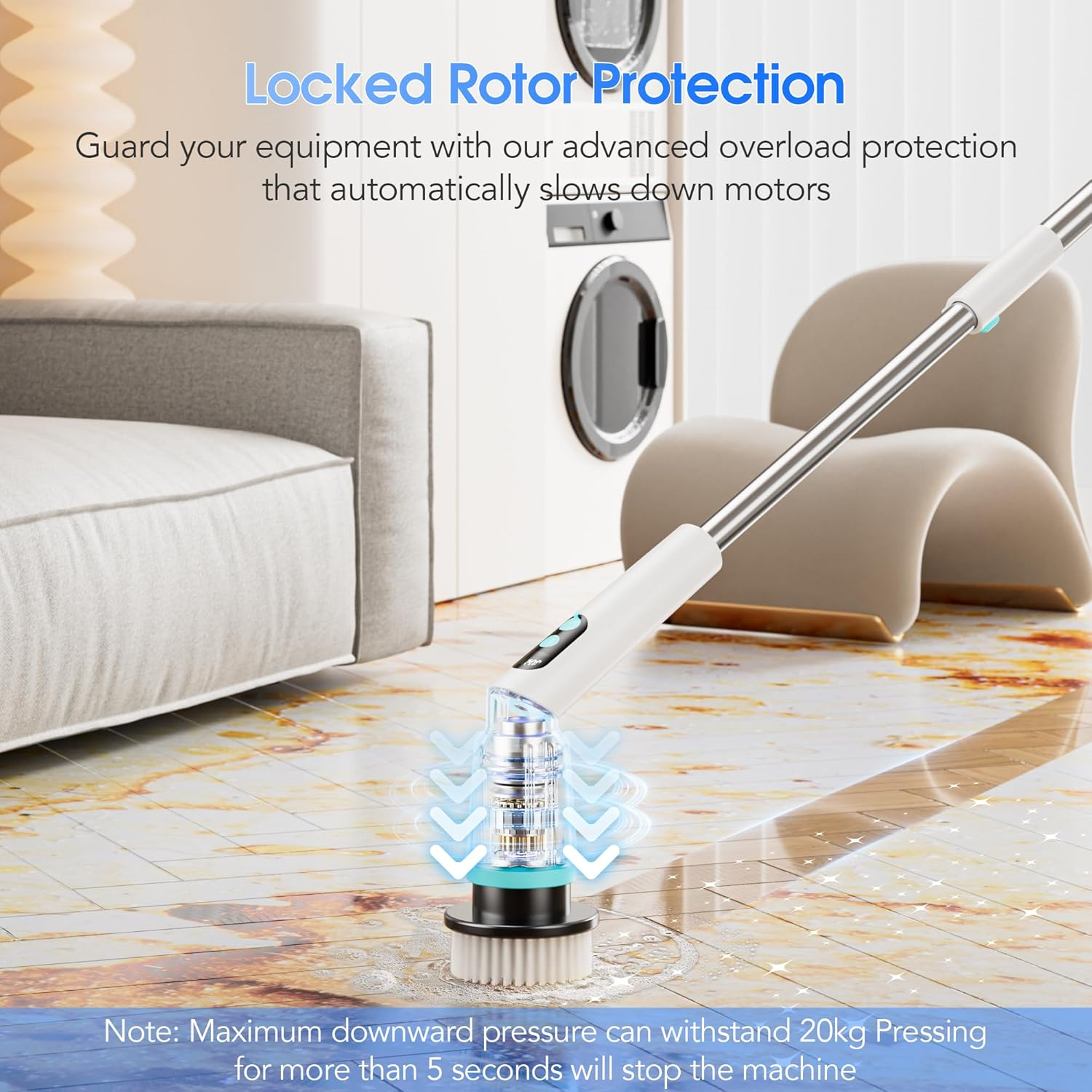 Kliburash Electric Spin Scrubber with Remote Control, IPX7 Cordless Cleaning Brush with 8 Brush Heads, 2 Adjustable Angles, Long Handle Power Scrubber for Bathroom, Shower,Bathtub,Floor-White image number 6