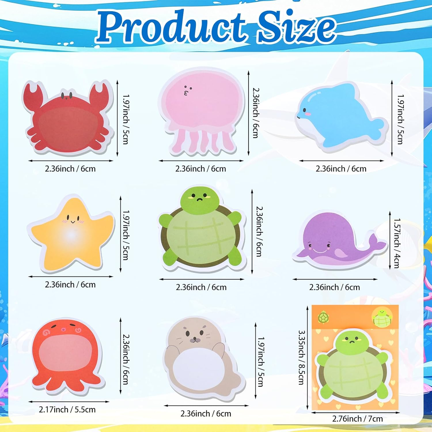 32 Pack Ocean Animal Sticky Notes, Total 640 Sheets 8 Styles Self-Stick Sea Animals Shaped Sticky Note Pads Bulk, under the Sea Removable Self Adhesive Memo Pad (32Pc Sea Animal) image number 1