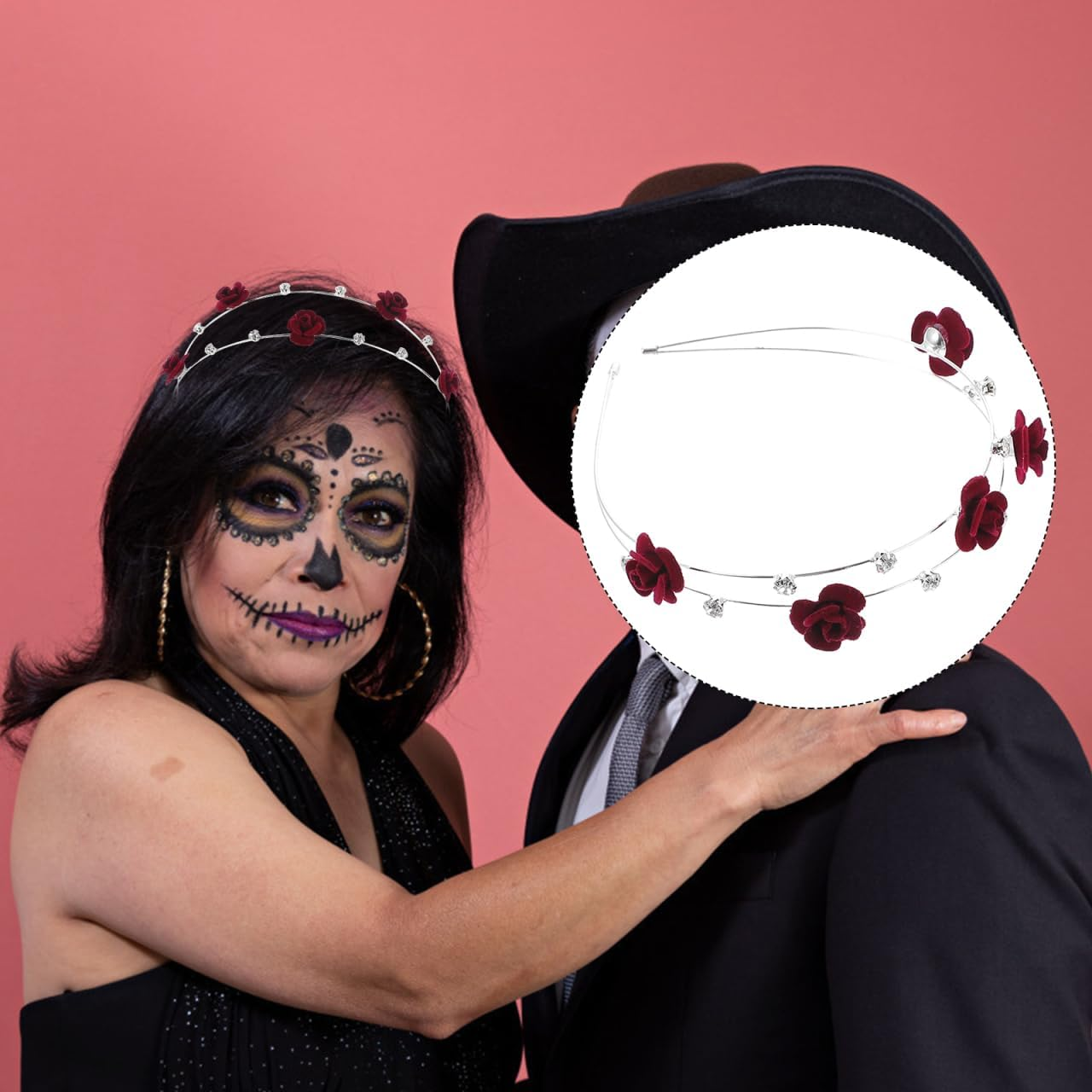 Beaupretty Double Layer Headband with Sparkling Rhinestones and Rose Decoration Headband Women'S Thin Wine Red Stylish Hair Accessories for Girls and Women image number 3