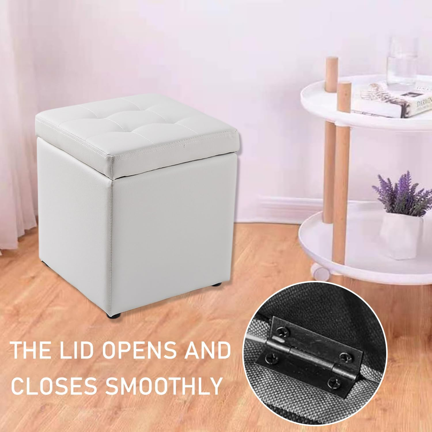 Uandhome Storage Ottoman Cube Storage Box,Multipurpose Foot Stool PU Faux Leather,Small Square Ottoman Shoe Bench with Padded Seat for Living Room Bedroom Dorm (White) - Black image number 2