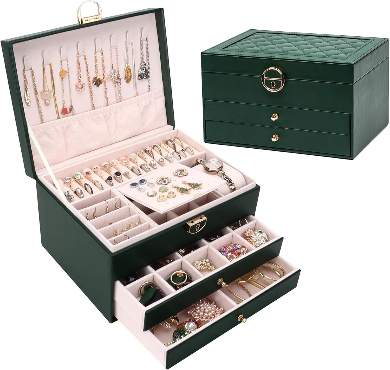 Jewelry Box for Women, Jewelry Organizer Box with Lock, 3-Layer (Black)