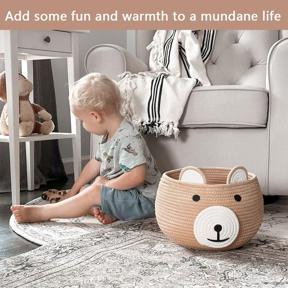 Cotton Rope Baby Basket for Nursery &ndash; Cute Bear Gift Basket for Kids, Small Animal Storage Basket with Handles, Empty Baby Shower Hamper, Khaki