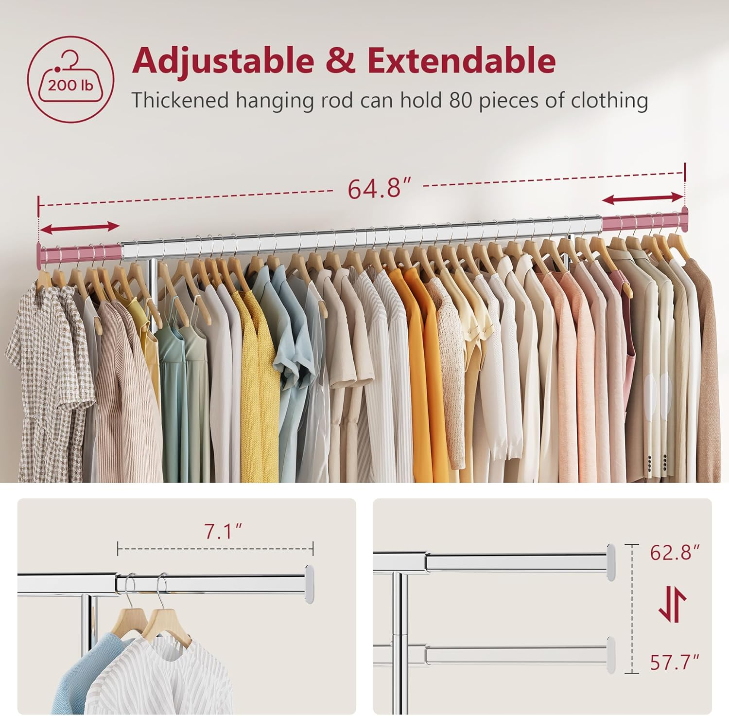 Tajsoon Clothing Rack Heavy Duty Clothes Rack Load 350 LBS, Rolling Clothes Racks for Hanging Clothes with Wheels & Extendable Rod, Collapsible Garment Rack with Bottom Shelf, Commercial, Chrome image number 2