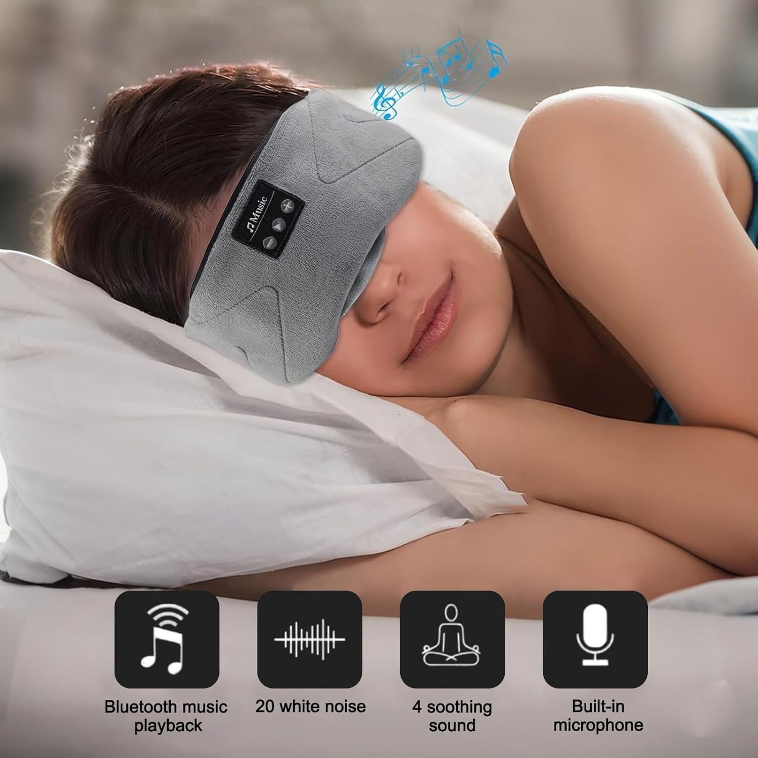 Sleep Mask Headphones Bluetooth with 24 Soothing Sounds & 3D Eye Mask,Sleeping Headphones for Side Sleepers Sleep Mask with Bluetooth Headphone Ultra-Thin Stereo Speakers(Grey) image number 3