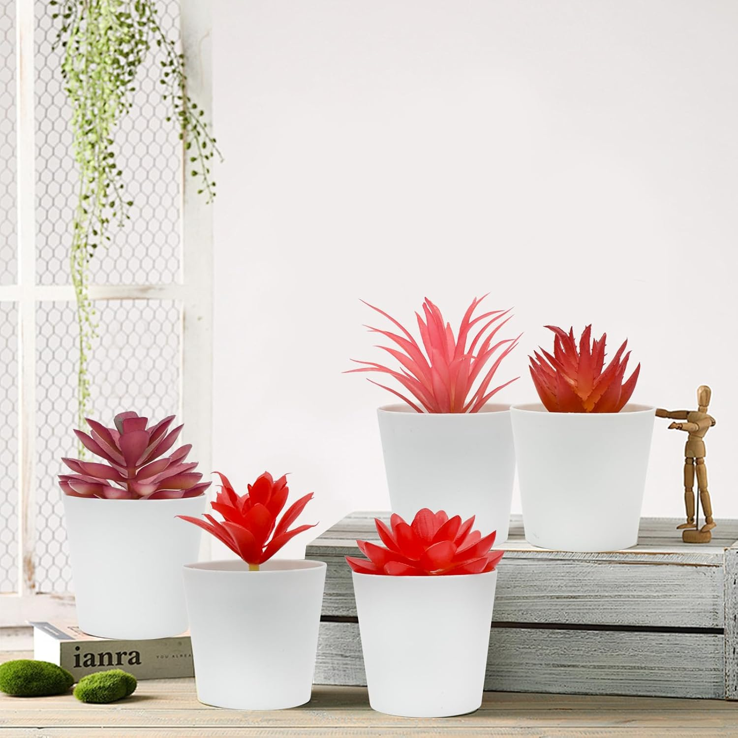 Bacucine Set of 6 Succulents Plants Artificial in Pots Desk Plant Fake Plants Faux Succulents for Bedroom Windowsill Shelf Office Home Decor (Red) - Green Flocking image number 5