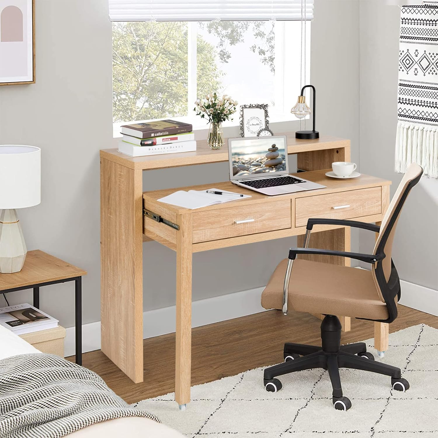 Giantex Extending Writing Desk, Wood Pull Out Computer Desk with Top Shelf & 2 Drawers, Simple Modern Style Home Office Workstation for Small Space, Easy Assembly image number 6