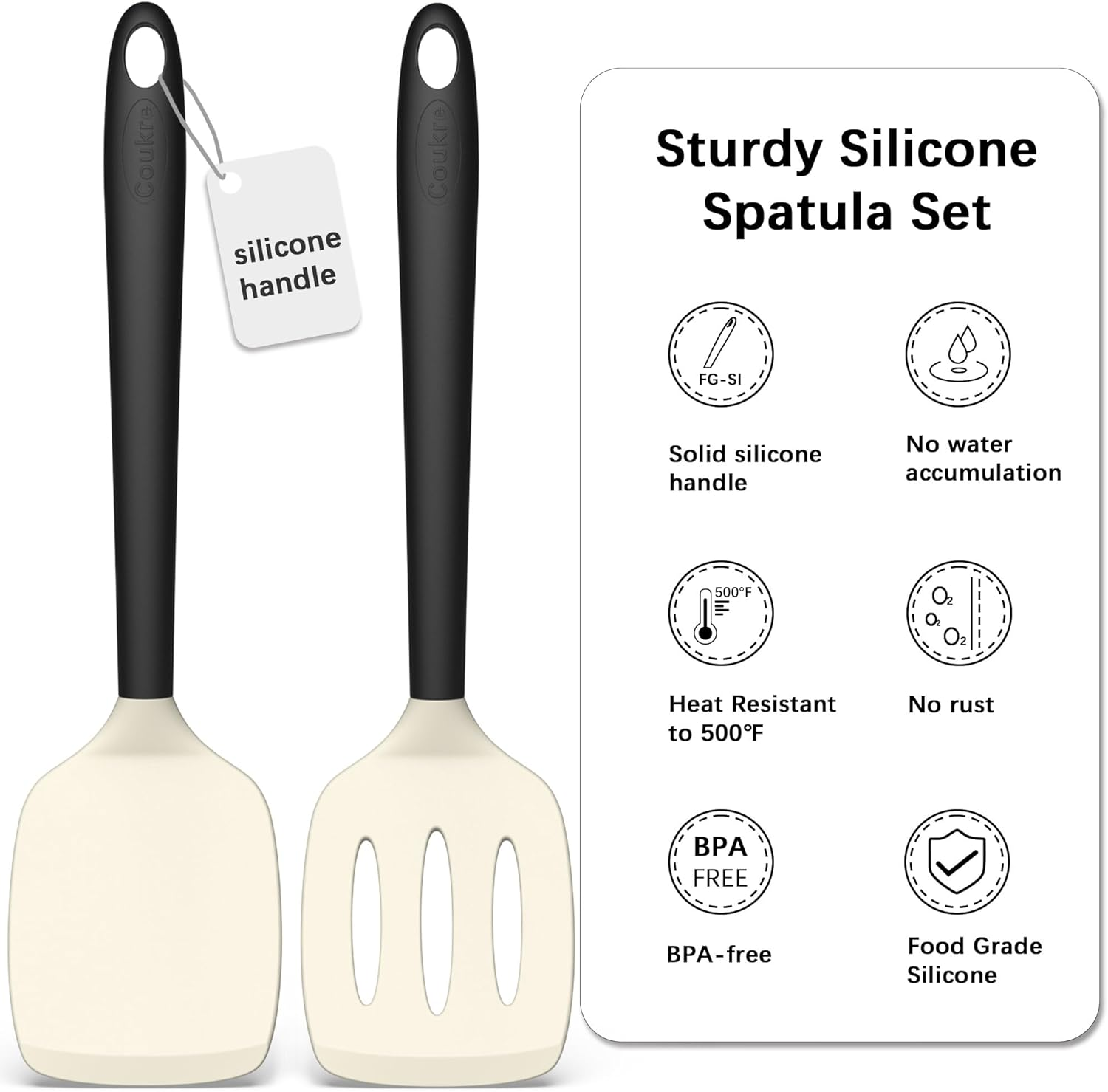 Coukre 2 Pack Silicone Spatula Set, High Heat Resistant, BPA Free Kitchen Spatula, Solid & Slotted Turner for Non-Stick Pans, Saut&eacute;ing, and Flipping (2, Beige) image number 2