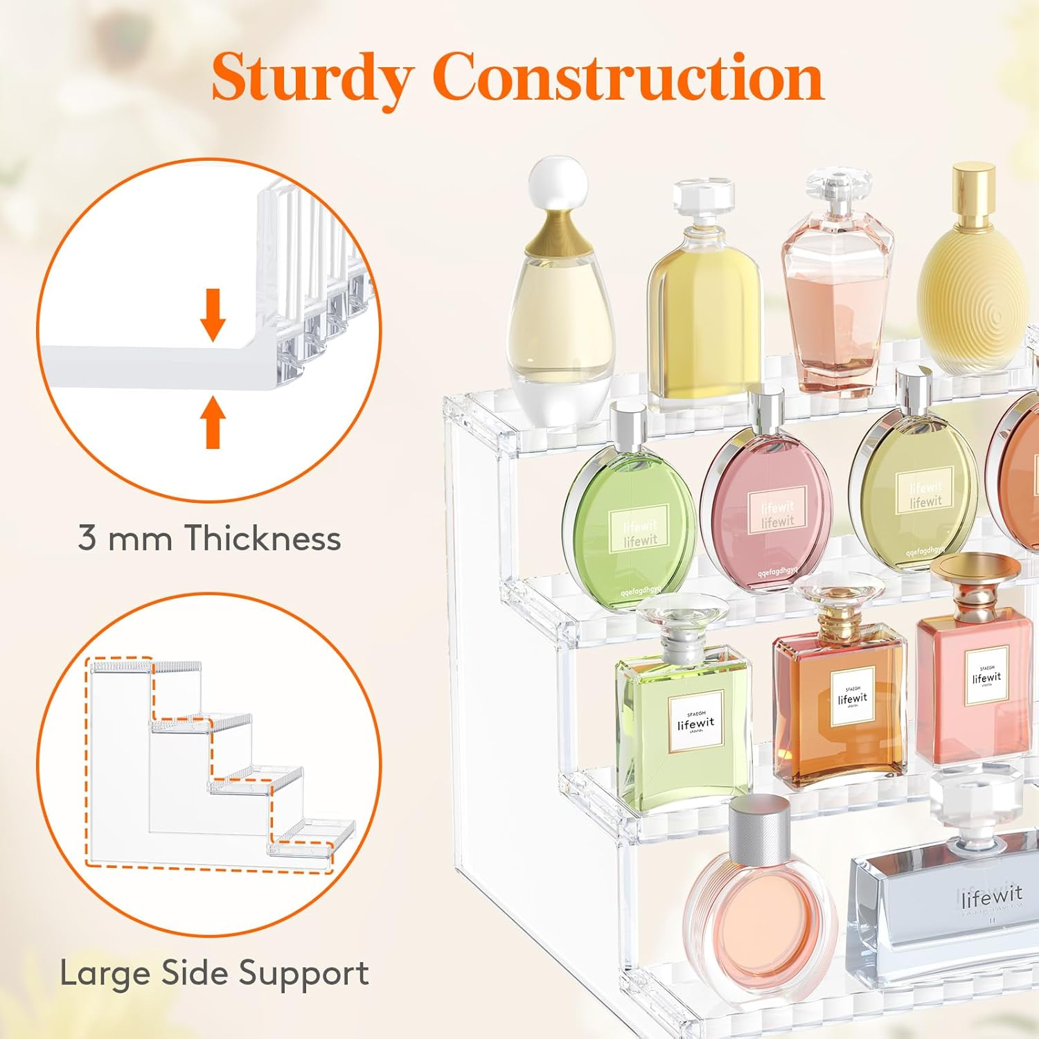 Lifewit 4 Tier Clear Display Risers Stand with Decorative Fences, Plastic 12 Inch Perfume Organizer, Display for Figures, Cupcake, Dessert, Desktop Stand for Organization and Decor, 1 Pack