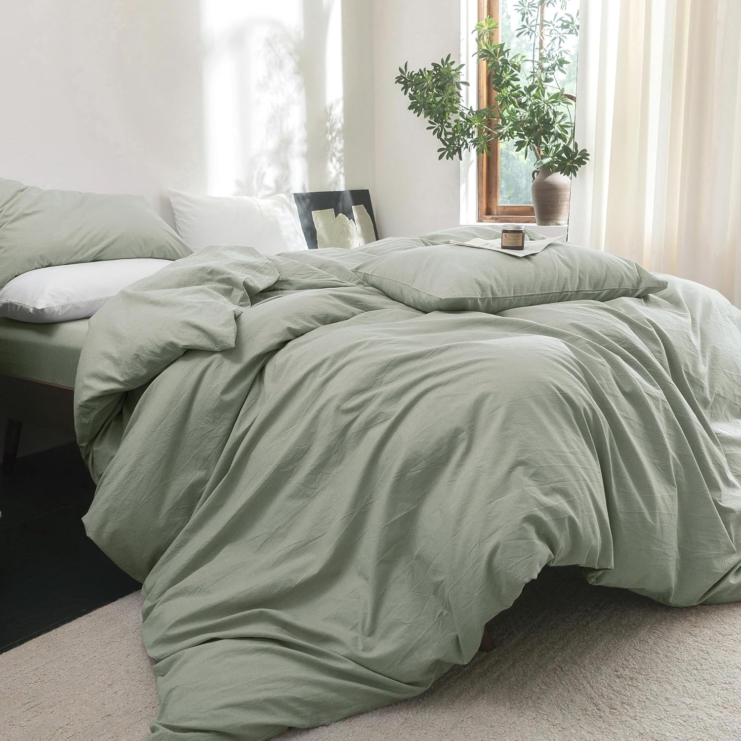 FOSSA Duvet Cover Set 100% Washed Cotton Linen Feel Super Soft Breathable Cozy 3 Pieces Bedding Sets Solid Sage Green Queen image number 6