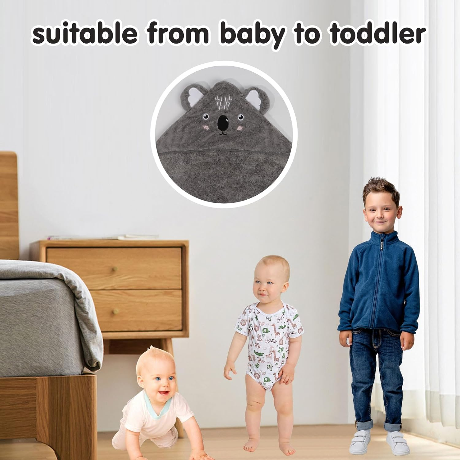 BBXWANG Cotton Hooded Baby Towel, Cute Baby Bath Towel for Newborns, Infants, Toddlers, Baby Towels with Hood for Girls Boys (Gray Koala) - Gray Elephant image number 5