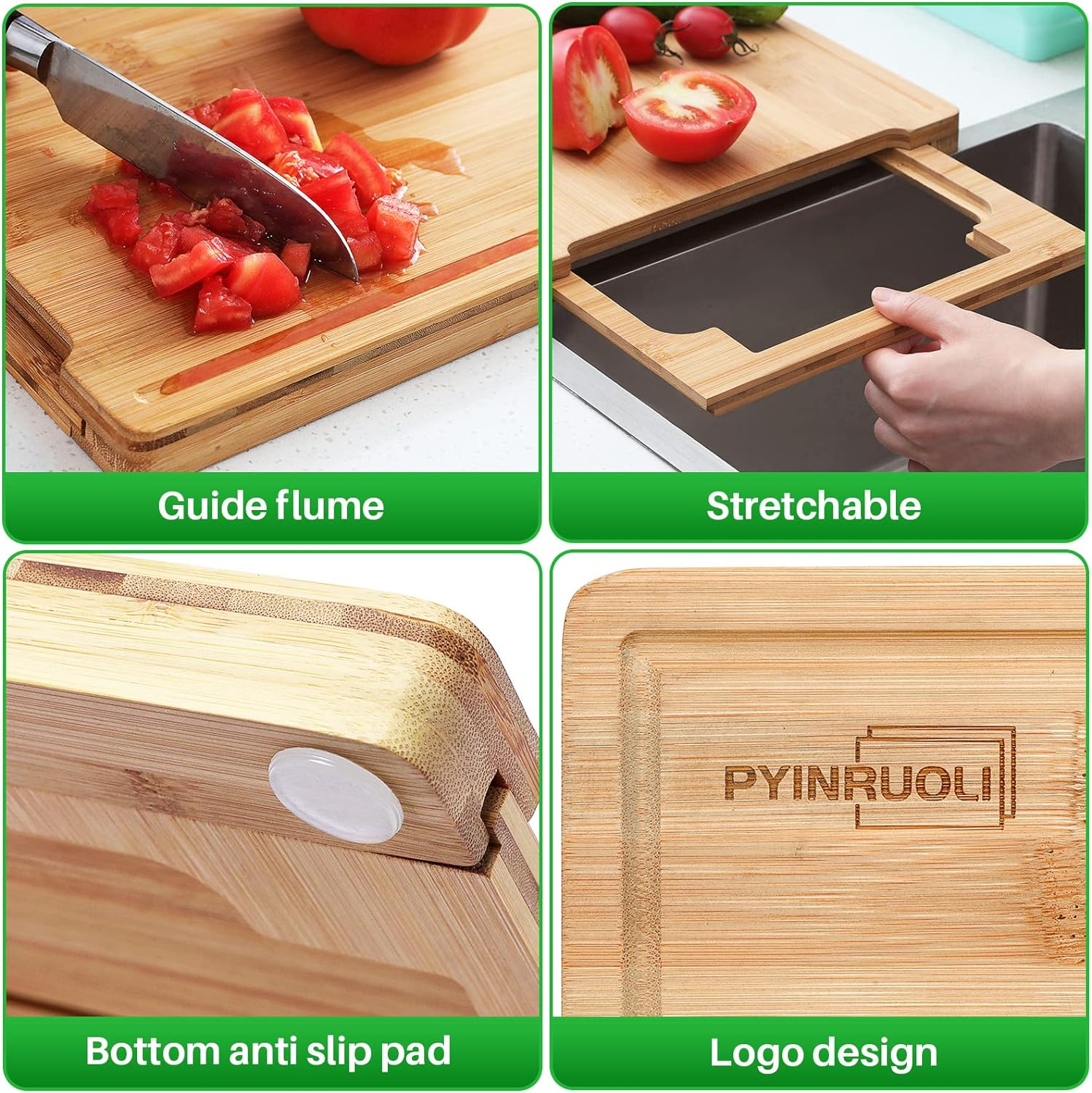 Expandable Bamboo Cutting Board with Containers,Over the Sink Cutting Board for Kitchen,Meal Prep Deck for Food (Green) image number 5