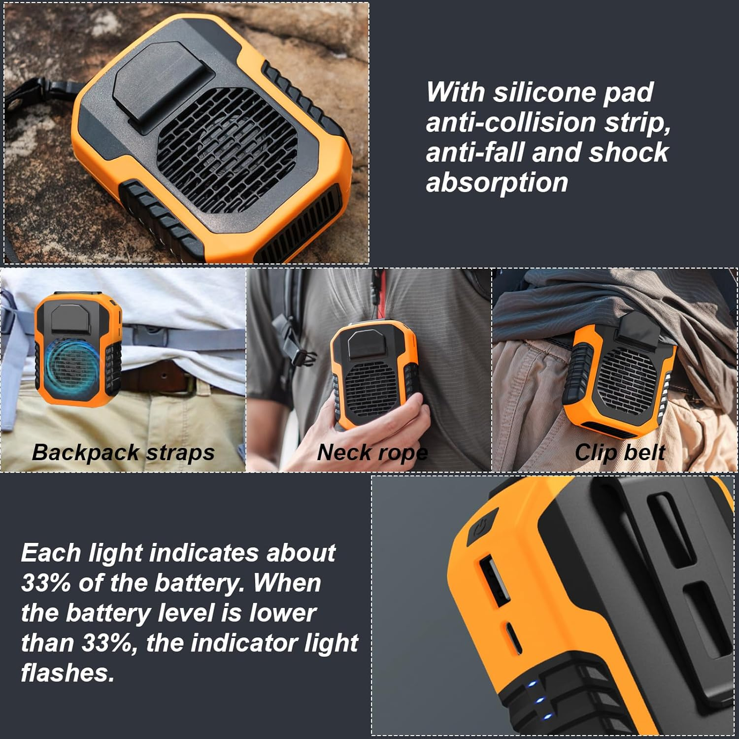 UOEPOWA Portable Waist Clip Fan, 6000Mah on Belt Fan Rechargeable, Blue Collar Breeze, 3 Speeds, 7-23H Working Time, Wearable Belt Neck Fan for Outdoor Workers/Farms/Travel(Orange) - 10000Mah image number 3
