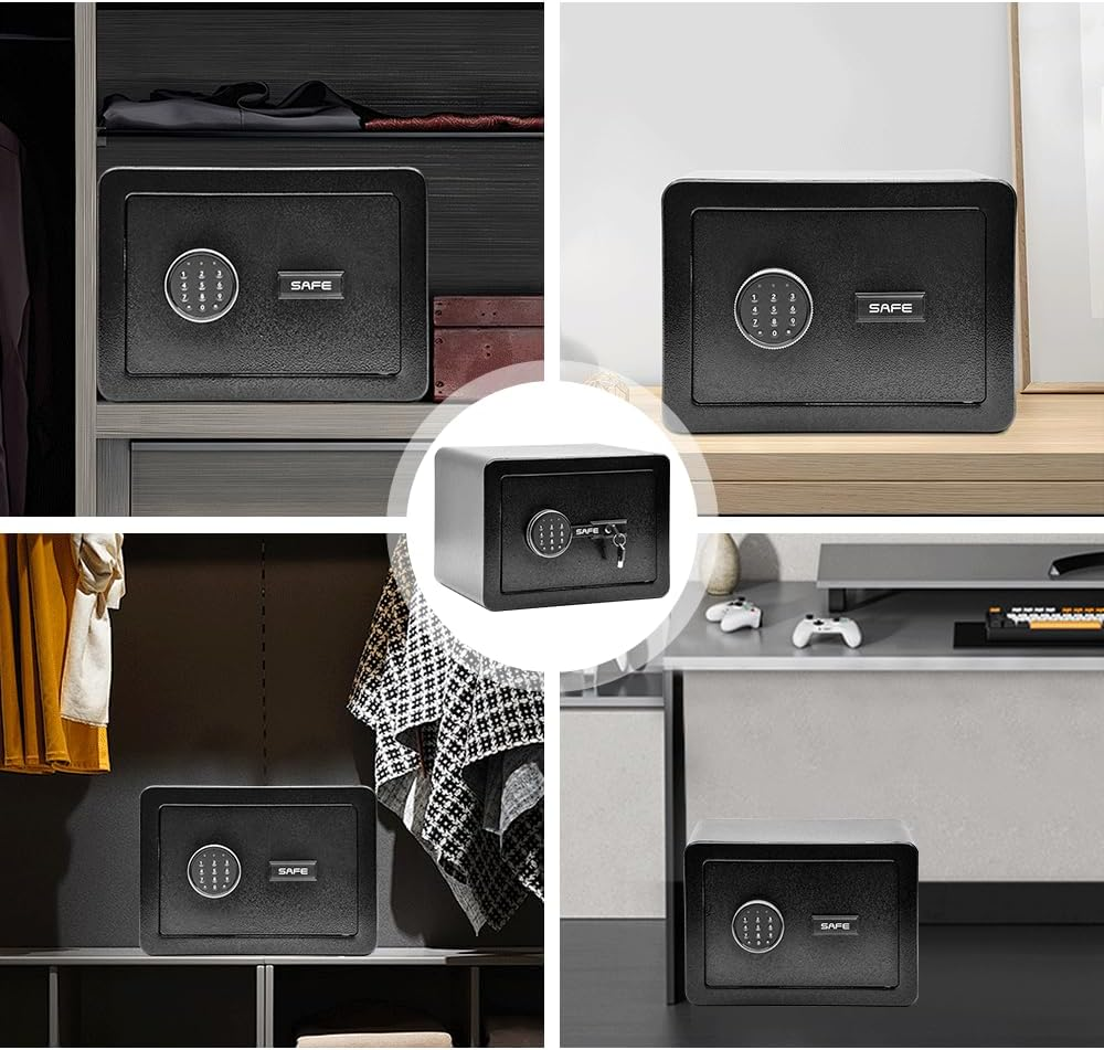 ALSTON All Steel Safety Box Wall Mountable Fireproof Mini Safe Box Keypad and Key Dual Unlock Methods with Removable Shelf for Home Office Hotel Money Safe