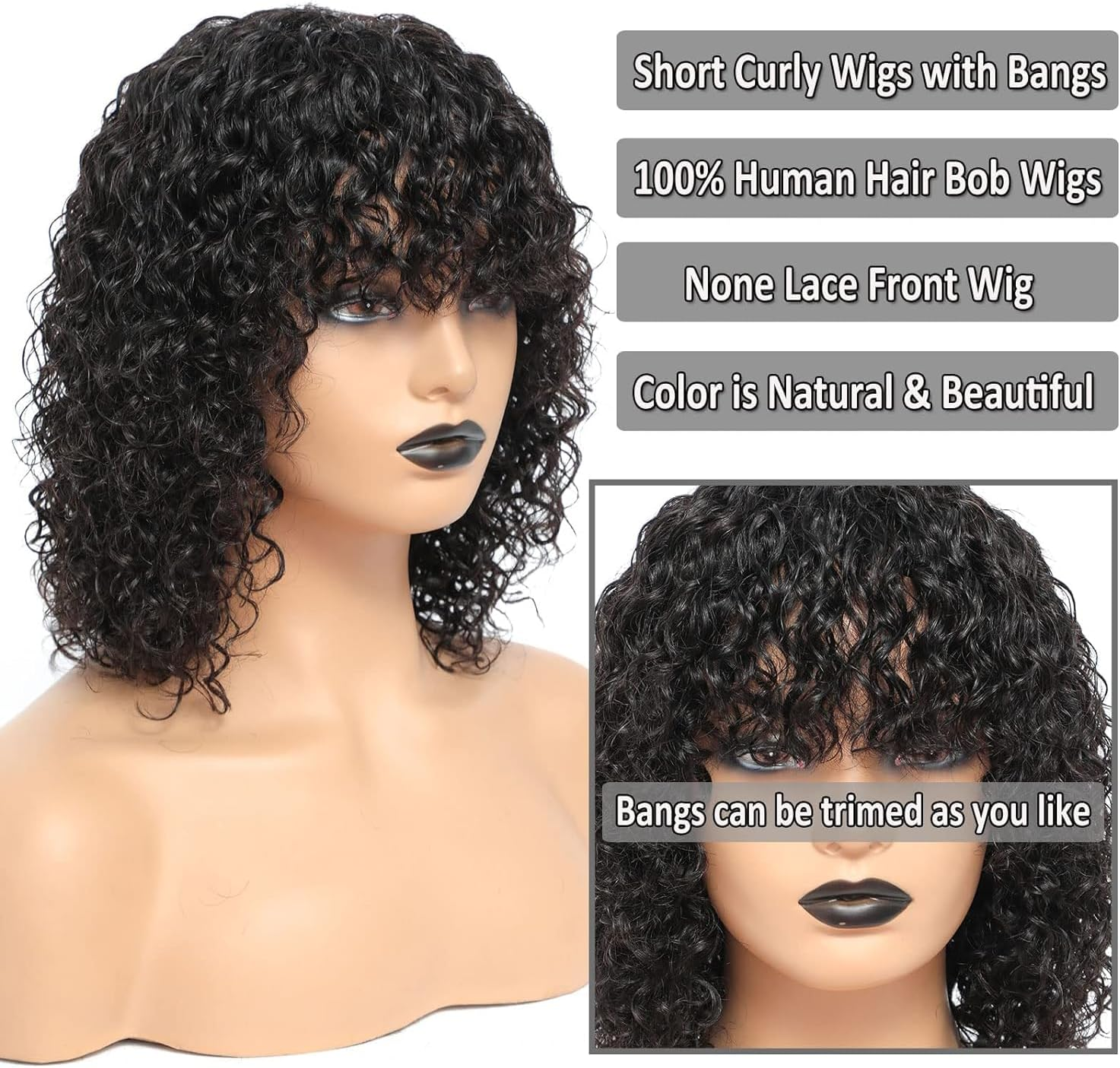 Real Hair Wig, 12 Inches, Short Kinky Curly Human Hair Wigs for Women, Bob Curly Wigs, Curly 180% Density, Human Hair Wig with Fringe Wigs, Brazilian Human Hair image number 2