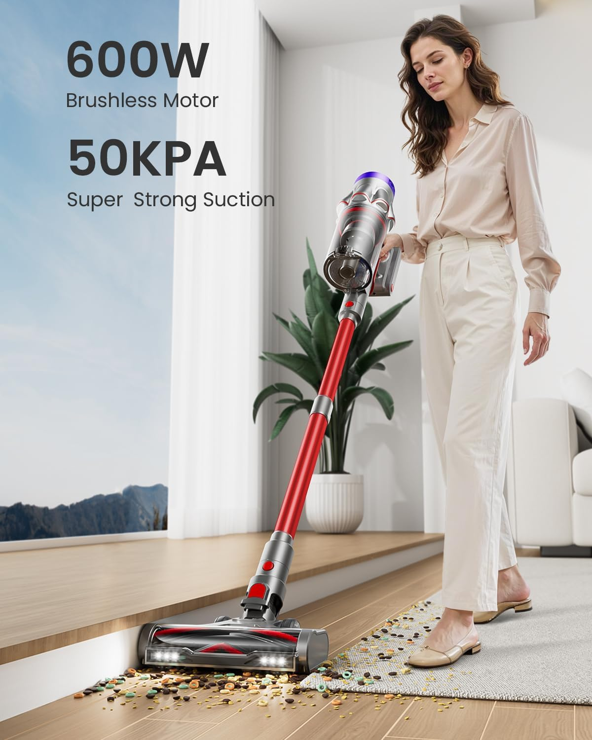 Cordless Vacuum Cleaner, 50Kpa 600W 65Mins Vacuum Cleaner for Home, Anti-Tangle Self-Standing Stick Vacuum with Scented Tablet, Upgraded Dust Cup Scraping, Vacuum Cordless for Pet Hair/Carpet/Floors image number 5