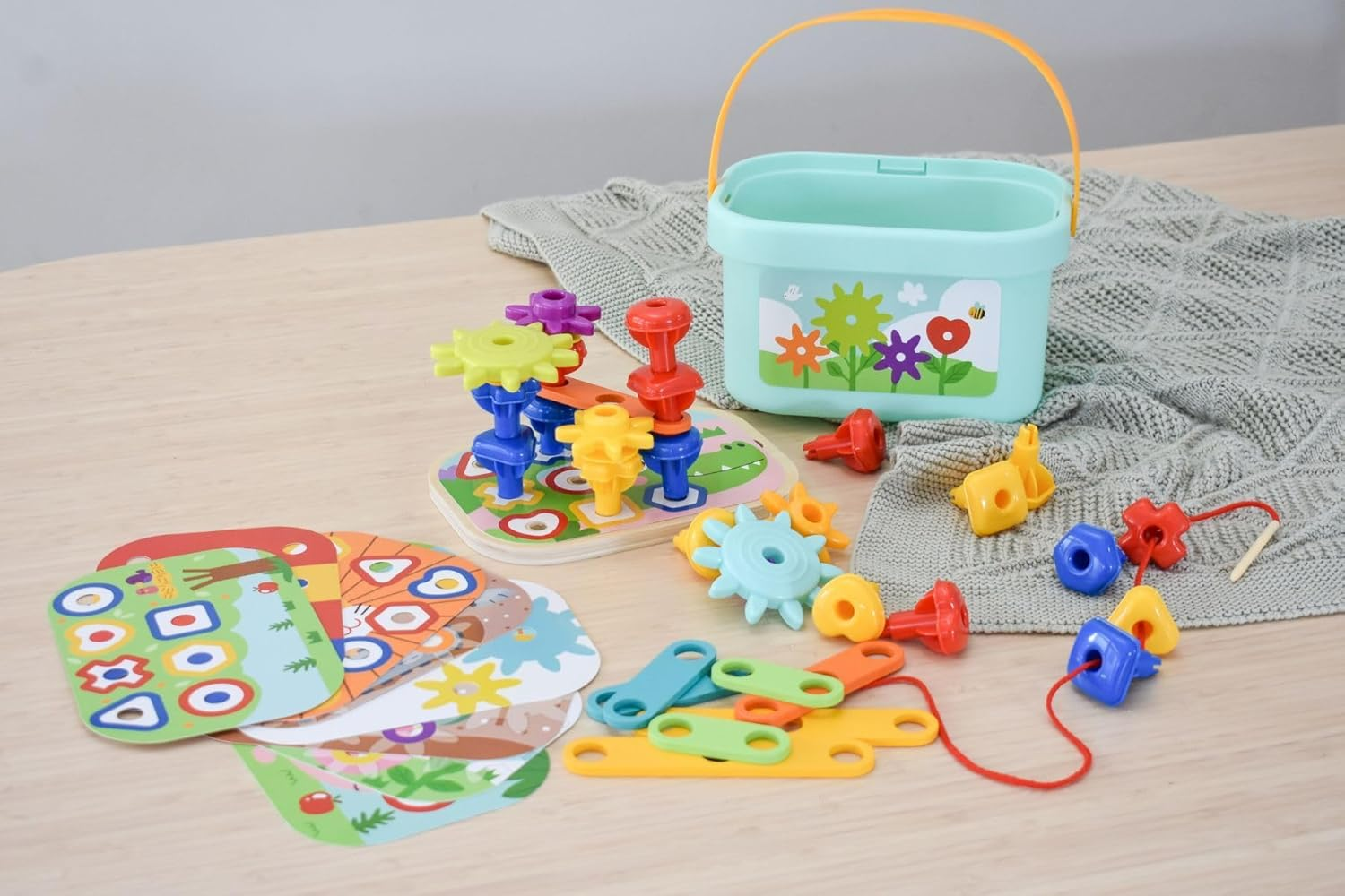 Tooky Toy TJ631 - Rainbow Pegs and Cogs Stacking and Lacing Set - Educational Stacking Toy image number 6