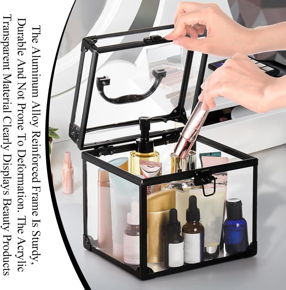 Portable Makeup Box, Aluminium Beauty Cases, Acrylic Display Case, Toiletry Cosmetic Box, Transparent Case, Travel Makeup Tools Container, with Latches and Handle, Black image number 3