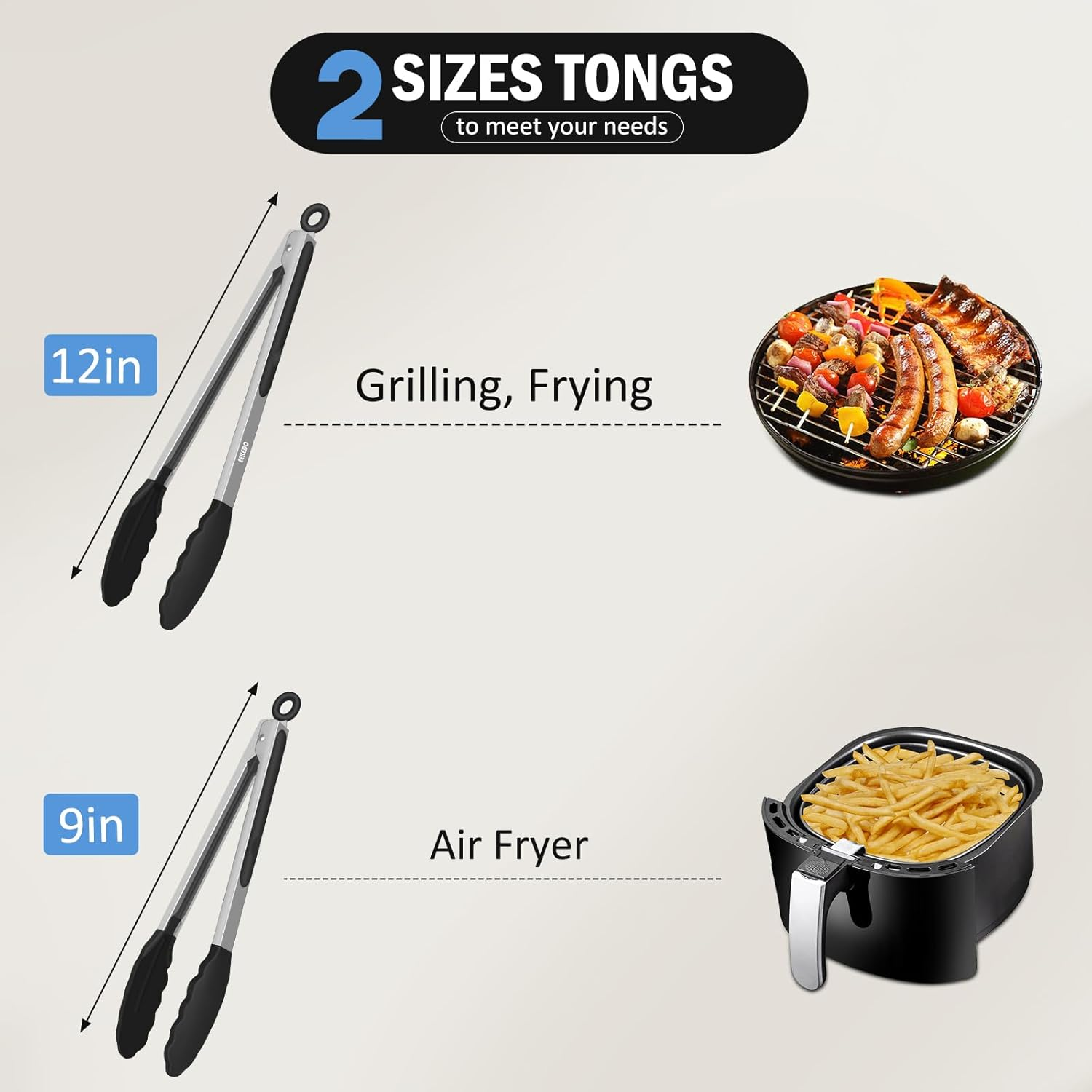 Tongs for Cooking, 600&ordm;f High Heat-Resistant Stainless Steel Kitchen Tongs with Silicone Tips, Non Scratch, Locking Tong for BBQ Grilling Air Fryer Food Salads, Set of 2 (9" and 12") Black image number 6