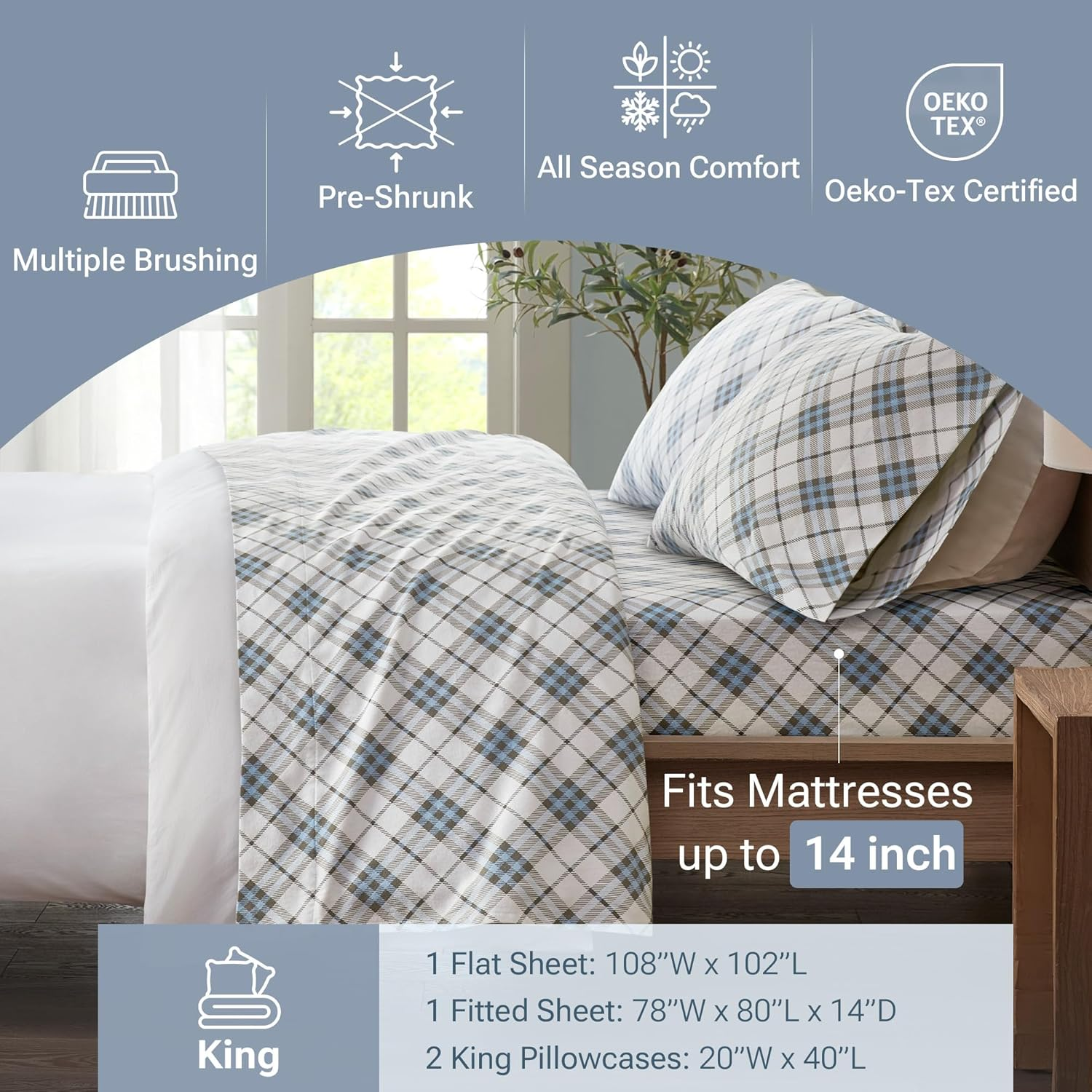 Sleep Philosophy True North Cozy Flannel Warm 100% Cotton Sheet - Novelty Print Animals Stars Cute Ultra Soft Cold Weather Bedding Set, King, Blue Plaid 4 Piece image number 3