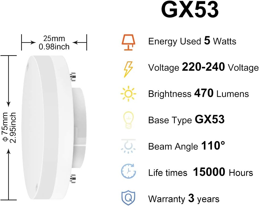 LVWIT GX53 LED Light 5W Warm White, GX53 Bulb Dimmable, Flicker-Free, Replacement 40W Bulb, 470 Lumen, 3000K, 110 Degree, CRI > 80, Recessed Spotlight GX53 for Cabinet Lights, Pack of 4 image number 2