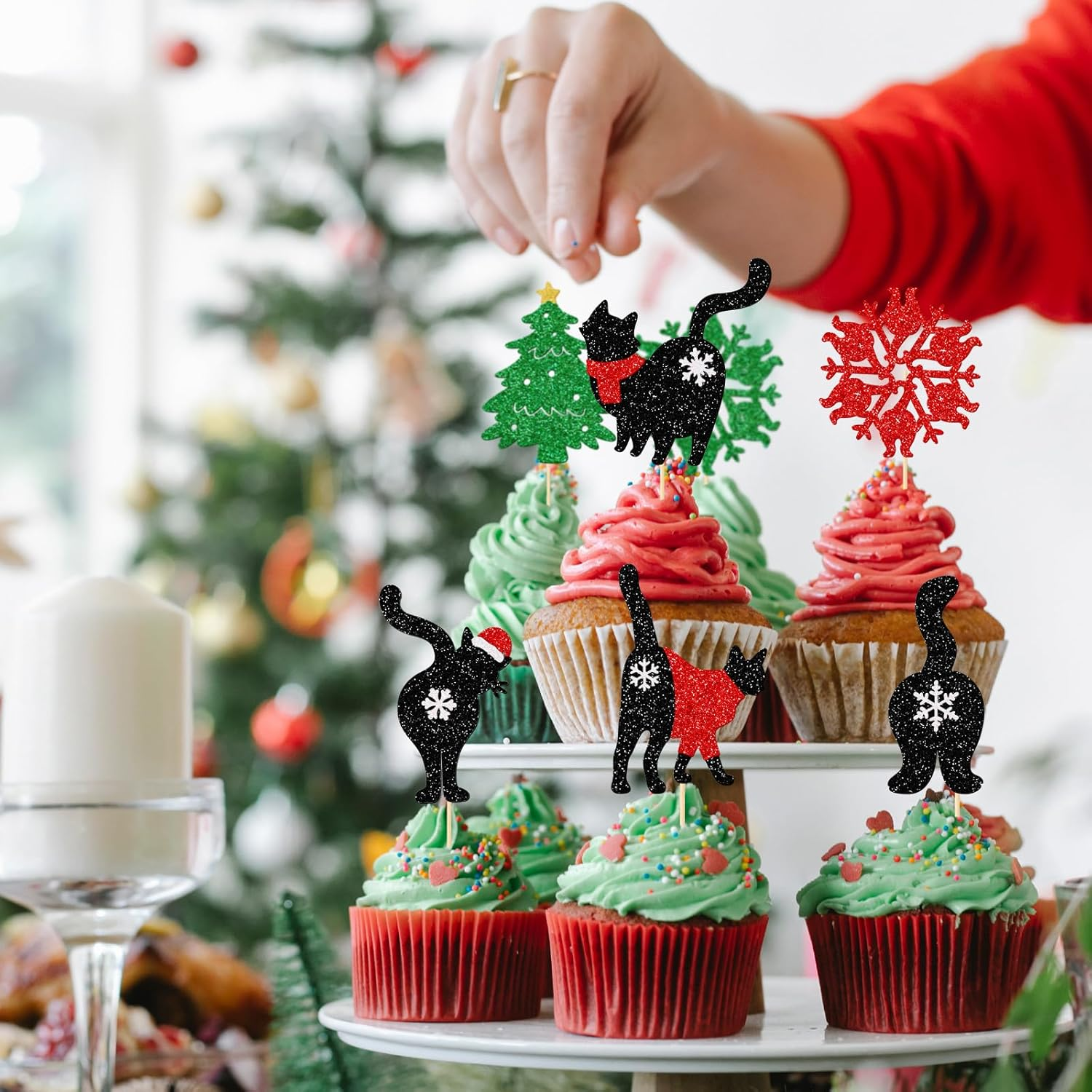 Black Cat Christmas Cupcake Toppers, Christmas Cat Party Decorations, Meow Christmas Party Decor, Christmas Cupcake Toppers for Cat Lovers, 24Pcs image number 1