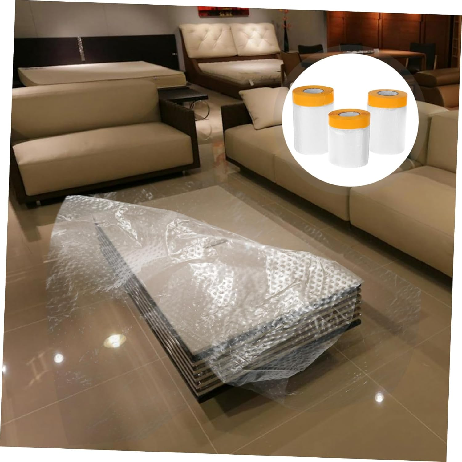 OSALADI 3 Rolls Paint Protection Film Plastic Sheeting Adhesive Masking Tape, Dustproof Protective Cover for Furniture, Walls, Cars, and Renovation Use, 30Cm 40Cm 55Cm Each Roll image number 2