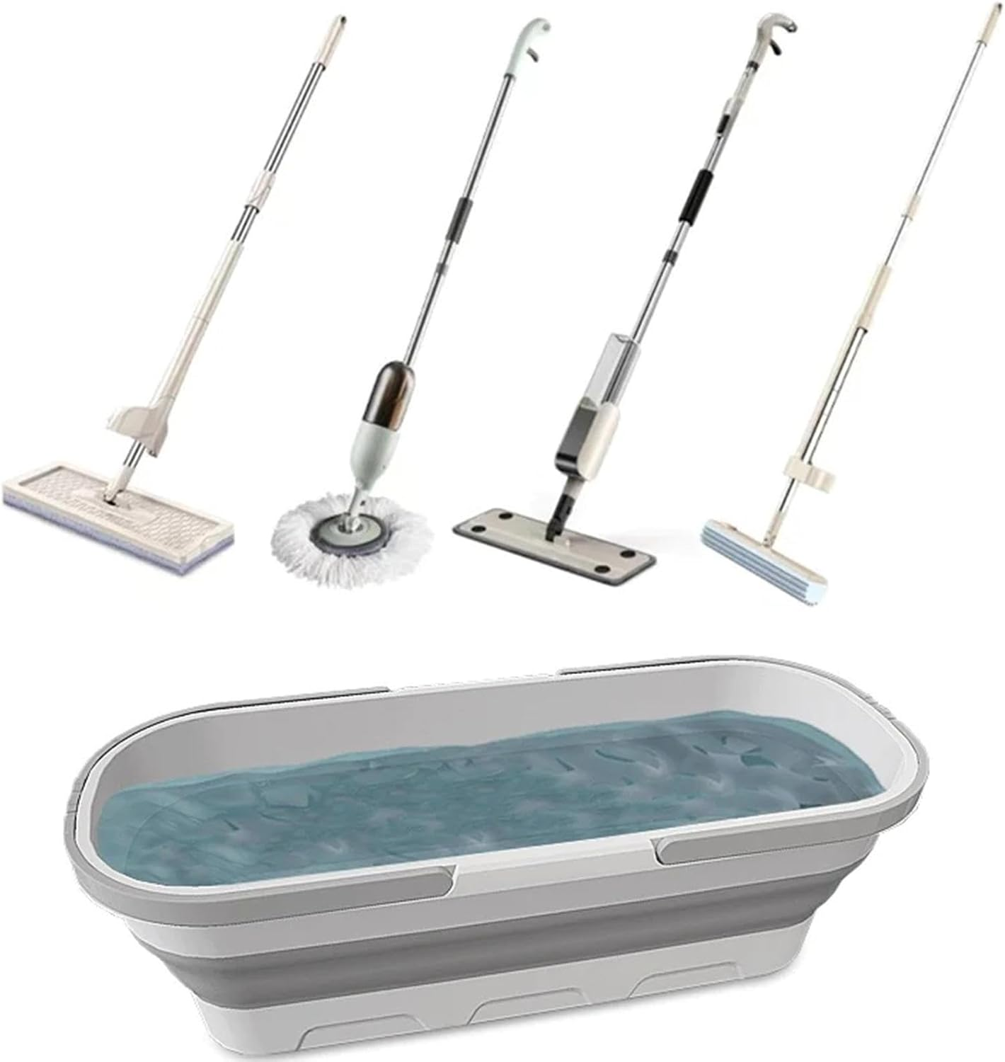 Mop Bucket - Multipurpose Rectangular Cleaning Bucket | 10L Washing Basket | Fabric Basket with Wheels and 2 Mop Cleaning Handles