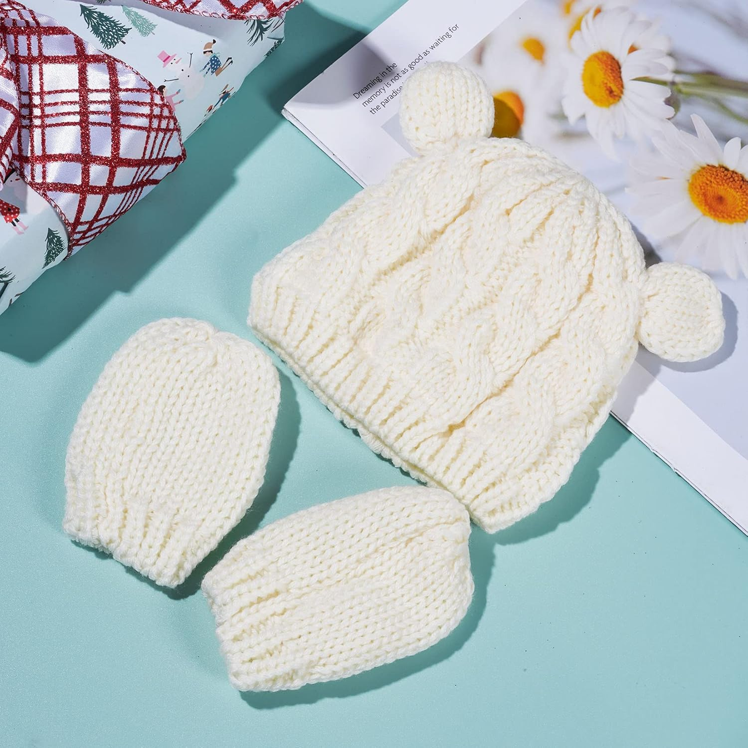 Baby Beanie Hat Gloves Set Newborn Winter Hats with Warm Knitted Glvoes Soft Beanie for Little Boys Little Girls image number 1