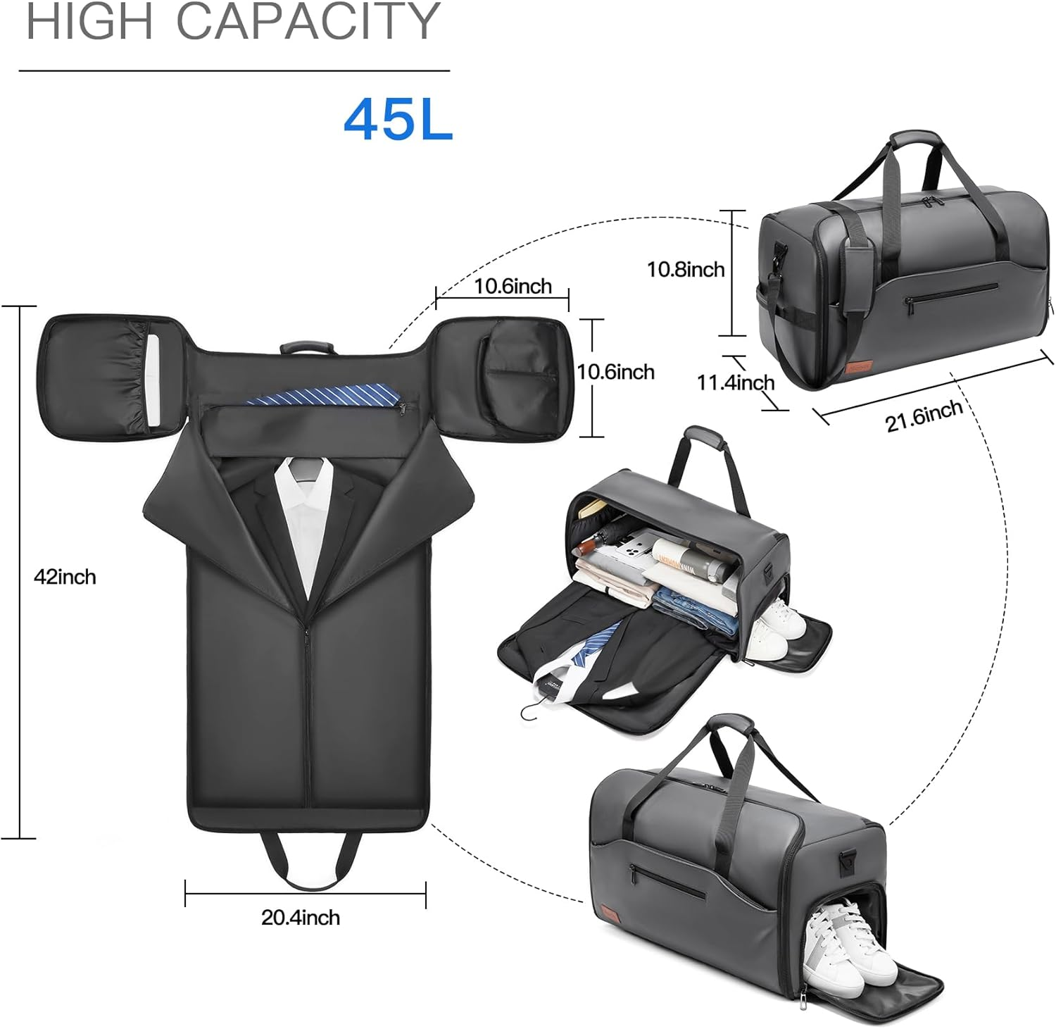 Garment Bags for Travel,45L Carry on Convertible Garment Duffle Bag for Men Women - 3 in 1 Hanging Suit Travel Bag with Shoulder Strap, Grey, 1.72 Feet X 0.85 Feet X 0.43 Feet, Professional Travel