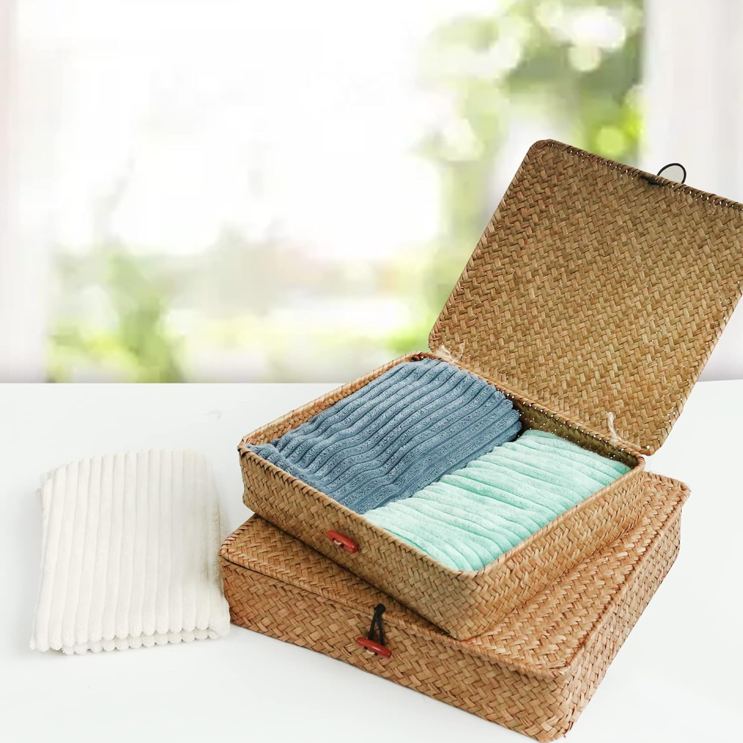 FEILANDUO Shelf Baskets with Lids Wicker Storage Baskets for Shelves Organizing Natural Seagrass Rattan Woven Organizer Boxes Boho Home Decor image number 1