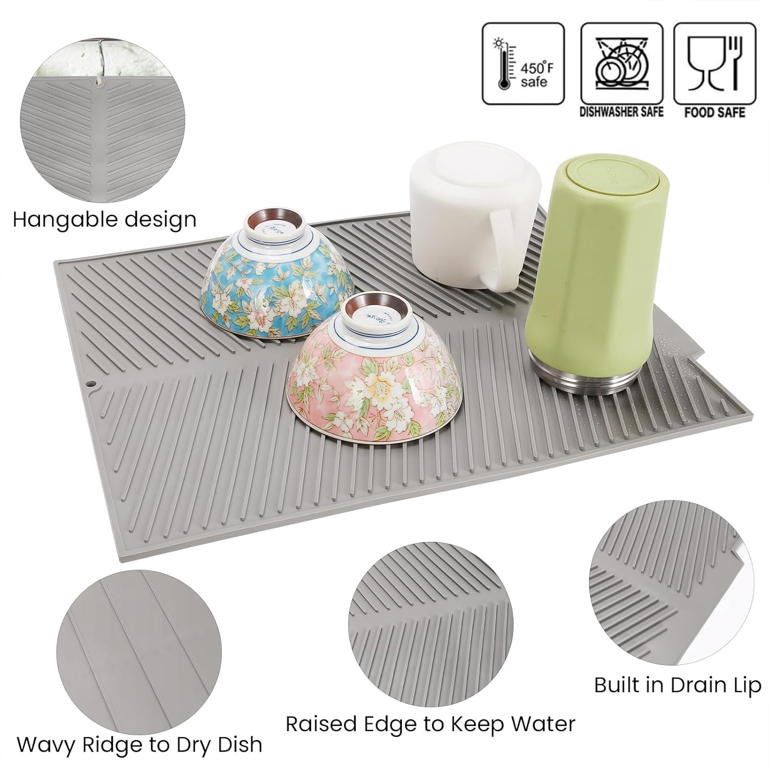 SHARME Silicone Dish Drying Mat with Drain Lip, Dish Drying Pad, Non-Slip Easy Clean Dish Drainer Mat Kitchen Pad, Silicone Mat for Kitchen Counter or Sink,Refrigerator or Draw-16" X 12.5" Grey image number 1