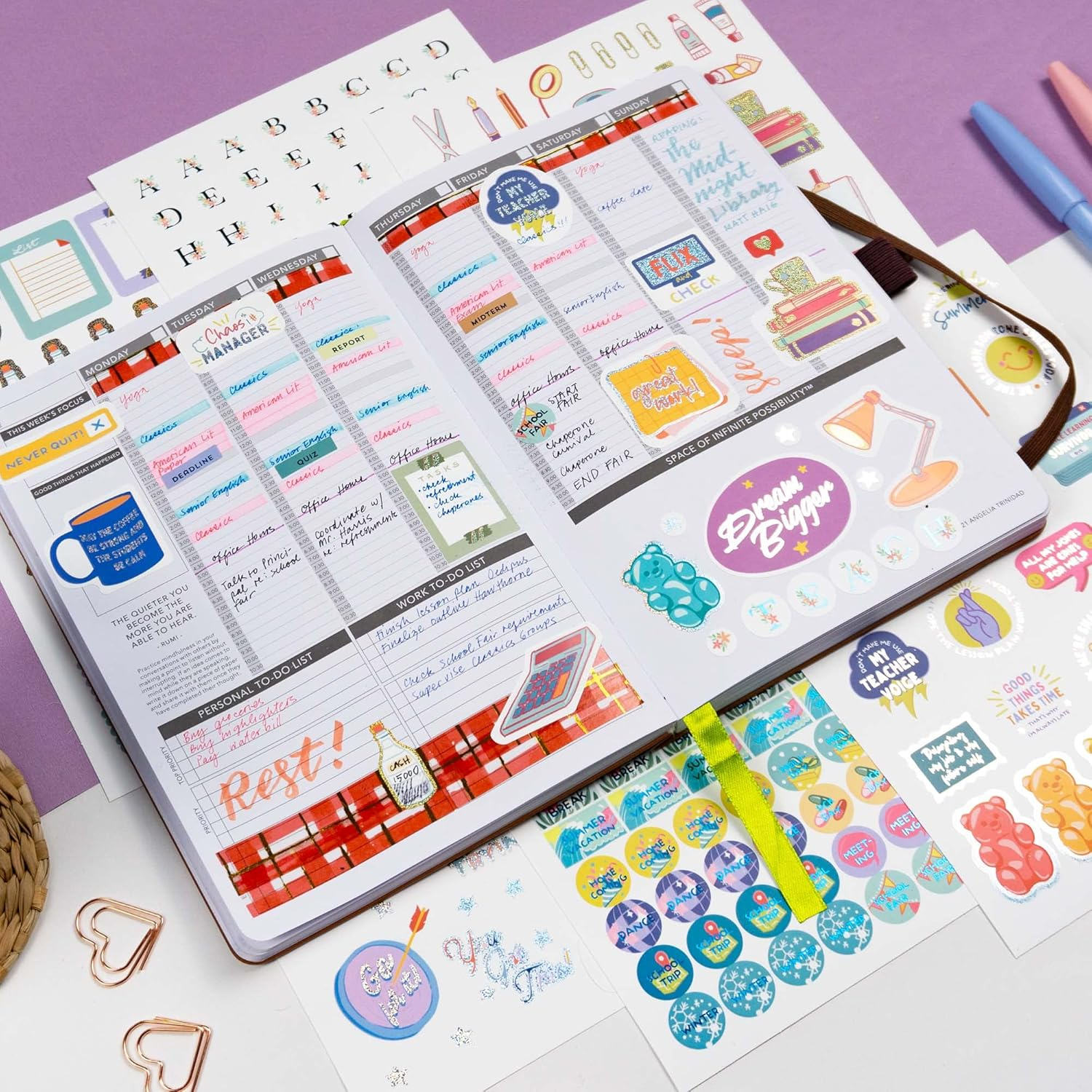 Navy Peony Groovy Back to School Planner Stickers (6 Sheets, 370+ Pieces) - Vibrant, Waterproof, Glitter Foil | Alphabet, Tracker, and Reward Stickers for Teachers, Students image number 4