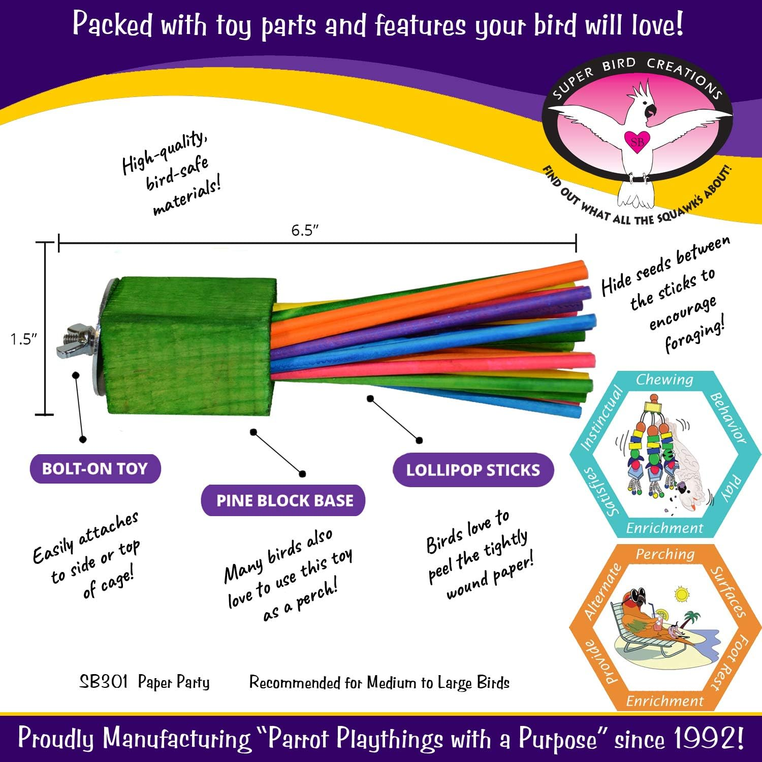 Super Bird Creations - SB301 Chewable Paper Party Bird Toy with Colorful Lollipop Sticks - Ringnecks Medium Conures Parrot - Chew Enthusiasts - Enriching Bird Toys for Medium to Large Birds - 1-Pack image number 1