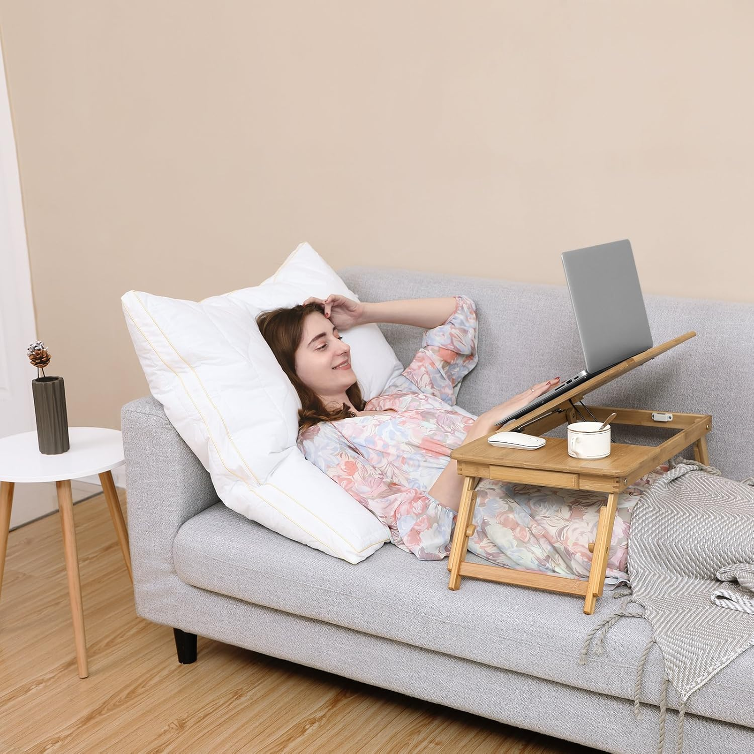 SONGMICS Bamboo Laptop Desk, Foldable Bed Table, Height Adjustable Sofa Tray, with 5 Tilting Angles, Air Holes, Small Drawer, 55 X 35 X (21-29) Cm LLD002 image number 6