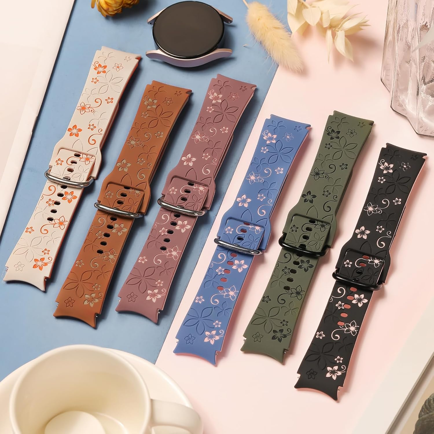 Flower Engraved Straps for Samsung Galaxy Watch 7/6/5/4/FE 40Mm 44Mm/Galaxy Watch 6/4 Classic Bands 47Mm 43Mm 46Mm 42Mm/Watch 5 Pro 45Mm Women,No Gap Band Silicone Cute Floral Armband Wristband - Black Orange image number 7