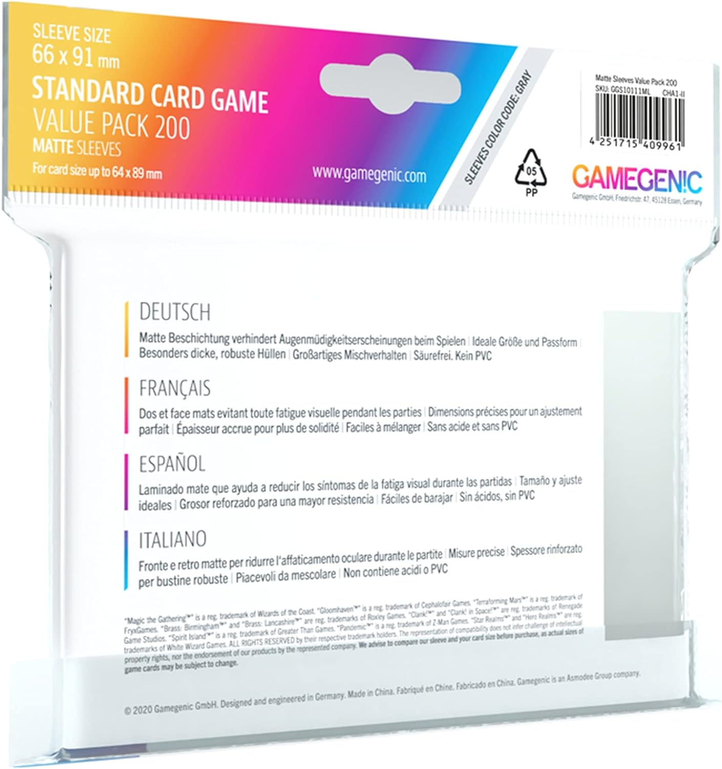 Gamegenic Standard Card Game Value Pack Matte Sleeves- Clear (200Ct.), Various, G10111 image number 5