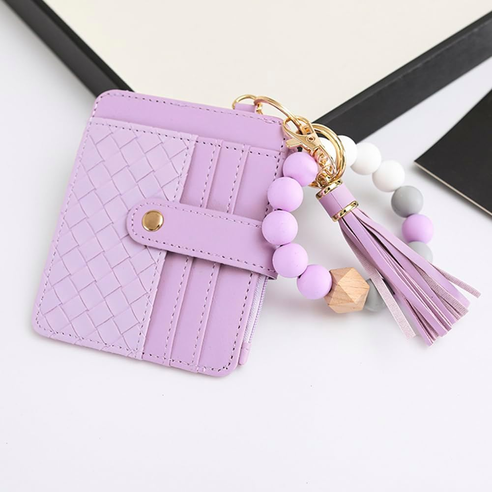 Wristlet Bracelet Keychain Credit Card Holder Purse,Rfid Blocking Zip Slim Wallet,Silicone Bead Tassel Key Ring for Women, Purple, One Size, Keychain Wallet with Bracelet image number 4