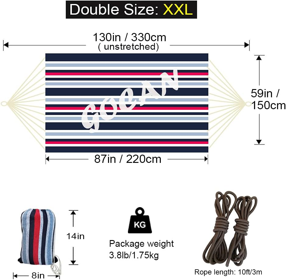GOCAN Brazilian Double Hammock 2 Person Extra Large 220X160Cm Total Length 330Cm Load 500Lb Canvas Cotton Hammock for Patio Porch Garden Backyard Lounging Outdoor and Indoor(Dark Blue) image number 4