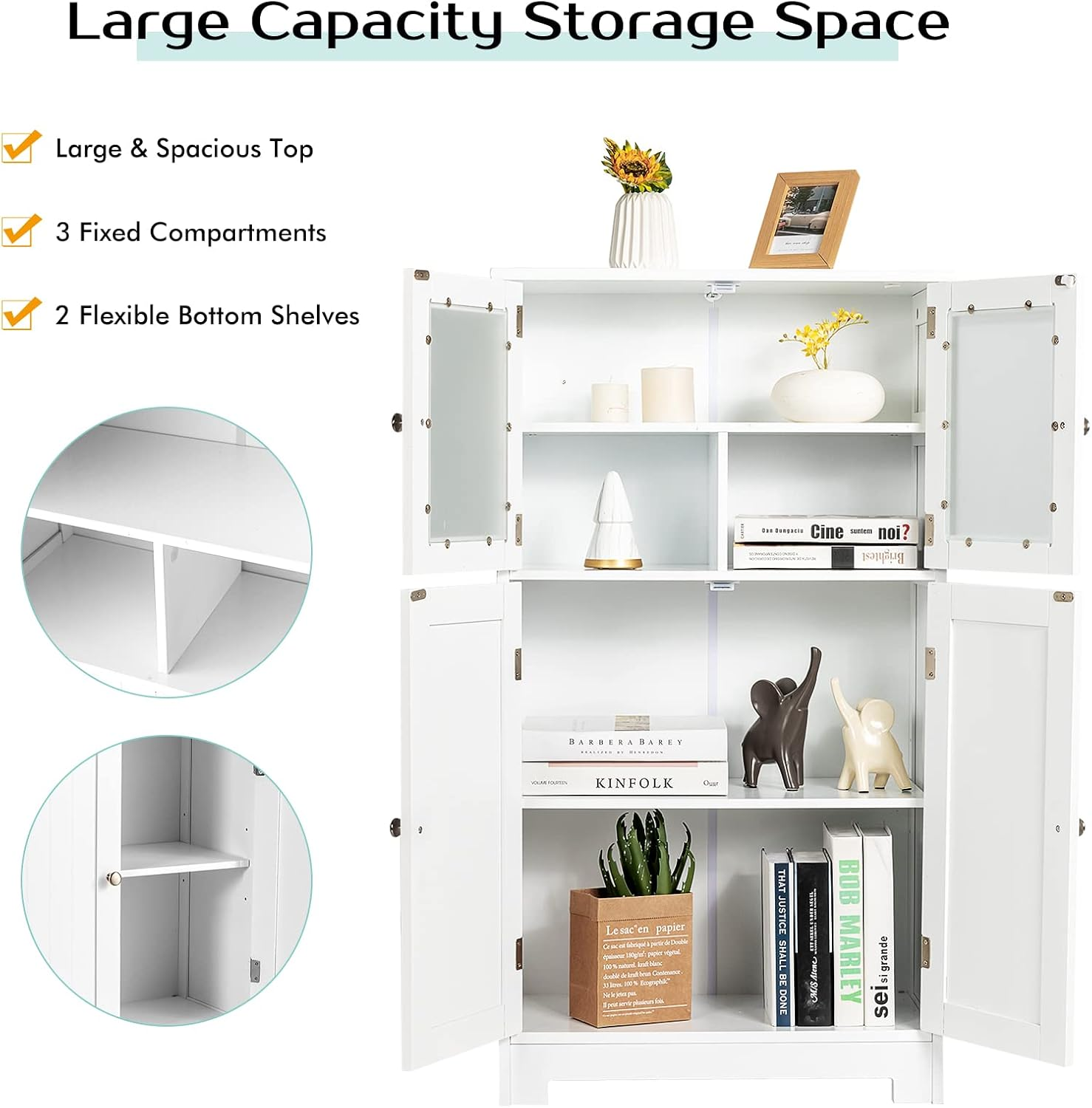 Giantex Bathroom Storage Cabinet, Kitchen Pantry Cabinet W/Tempered Glass Doors & Adjustable Shelf, Freestanding Wooden Floor Cabinet W/Anti-Toppling Device for Dining Room & Living Room (White) - Black image number 2