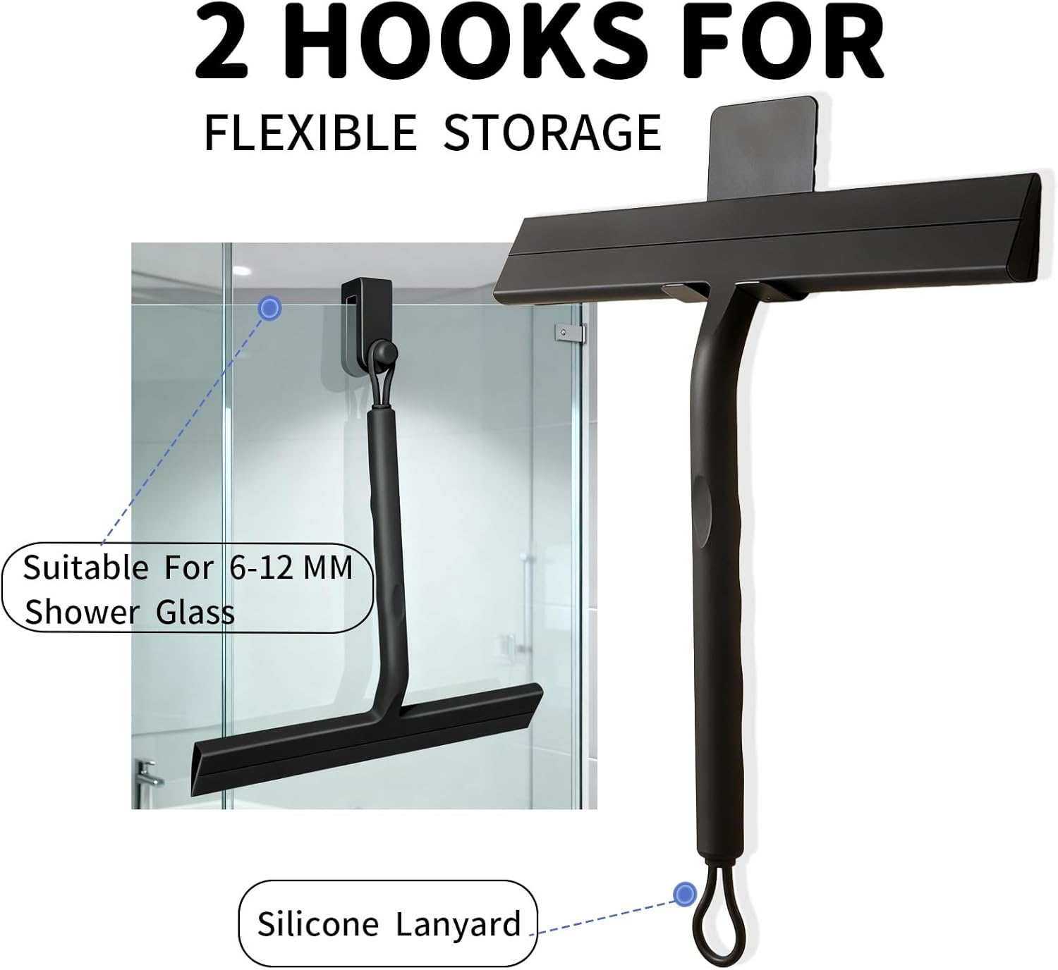 Shower Squeegee with Stainless Steel Core, Silicone Shower Screen Cleaner with 2 Hooks, Black Window Squeegee Scraper with Handle for Home & Car Mirror Glass Doors Screen Windows Cleaning image number 4