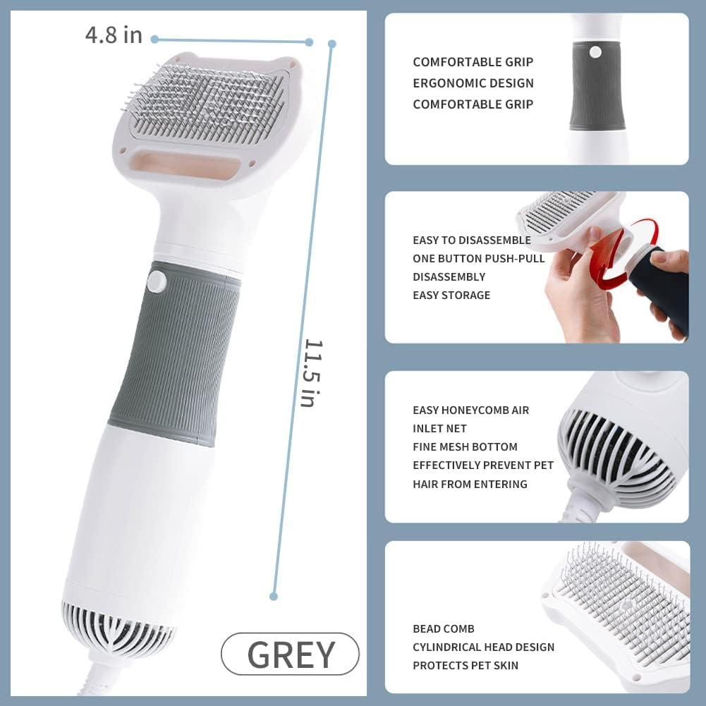 Pet Hair Dryer, 2 in 1 Pet Grooming Hair Dryer with Slicker Brush, Home Dog Hair Dryer with Adjustable 3 Temperatures Settings, for Small and Medium Dogs and Cats White image number 1