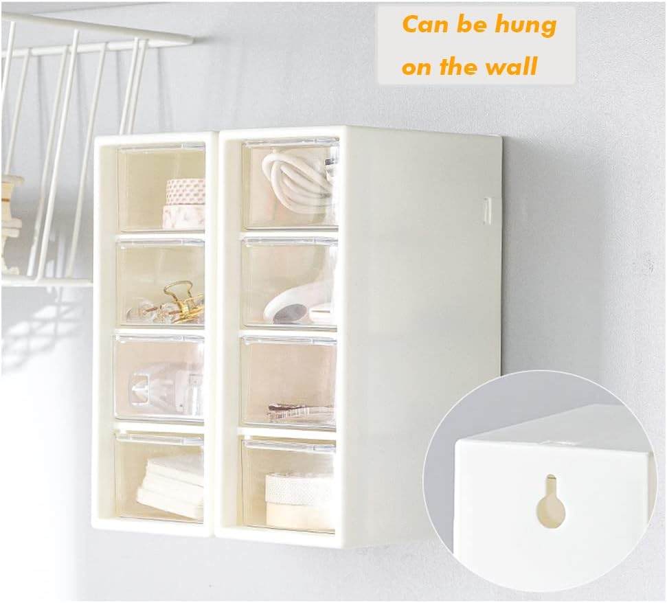 2PCS Desk Organizer with 4 Drawers,Desk Storage Box,Rectangular Desktop Drawers,Plastic Drawers Organizer, Makeup Storage, Detachable Design, Suitable for Office, School, Home (White 2PC)