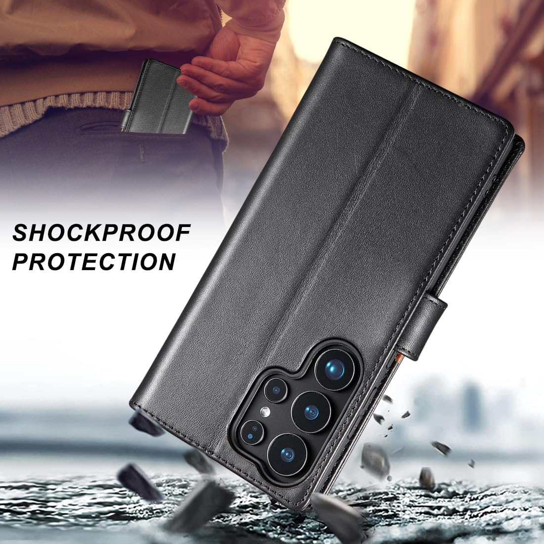 LENSUN Genuine Leather Case for Samsung Galaxy S25 Ultra, Mobile Phone Case [Genuine Leather] [Card Slot] [RFID] Leather Flip Mobile Phone Case for Samsung Galaxy S25 Ultra 5G - Black image number 3