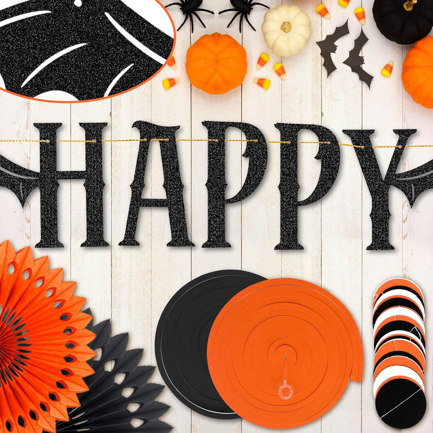 Hapurs Happy Halloween Banner, Halloween Office Decorations Paper Fans Halloween Banner for Wall Mantle, Glitter Bat Wings Hanging Halloween Party Decorations image number 6